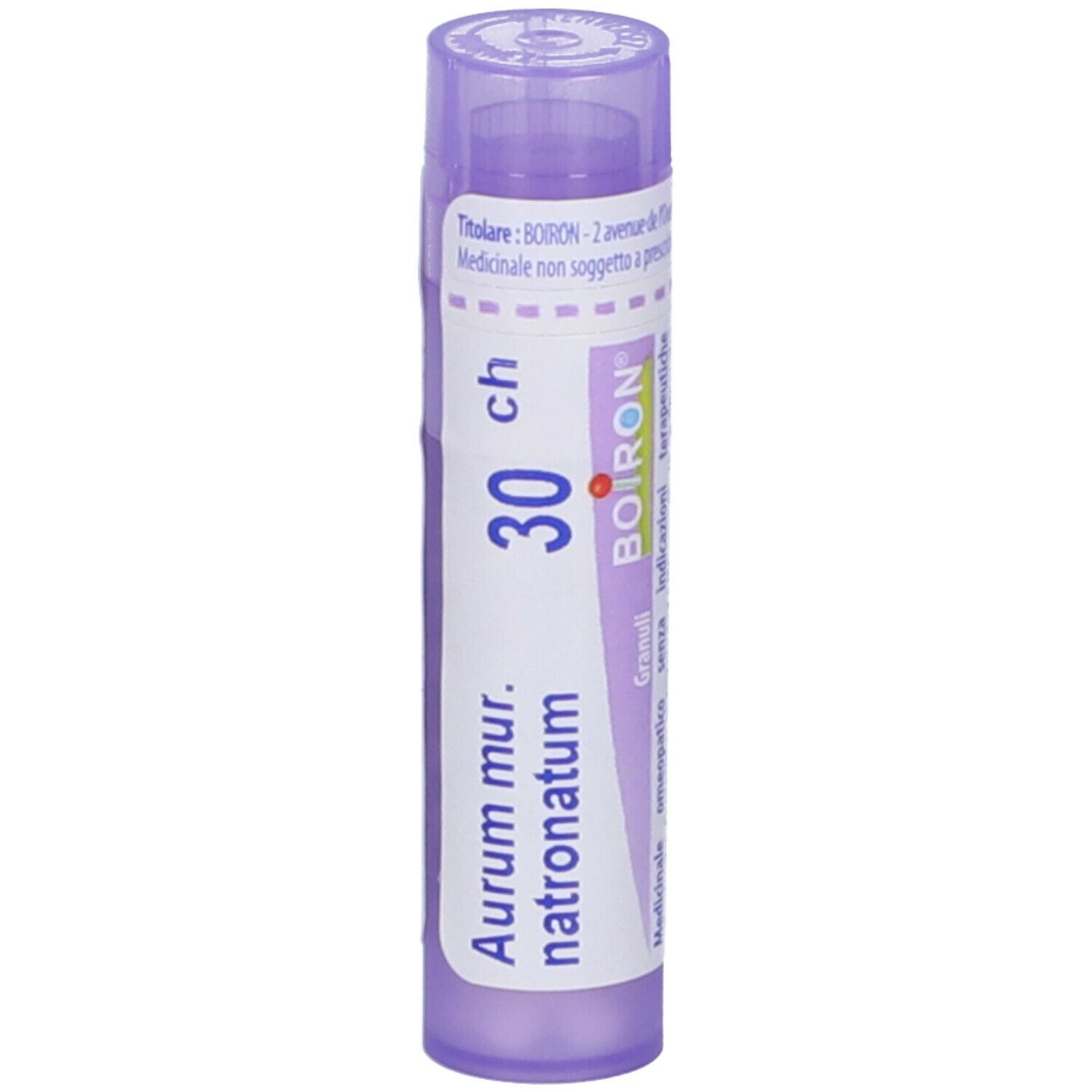 Confezione cilindrica con 'Aur mur. natronatum 30 ch' e 'BOIRON'. Tappo viola. Vista verticale.