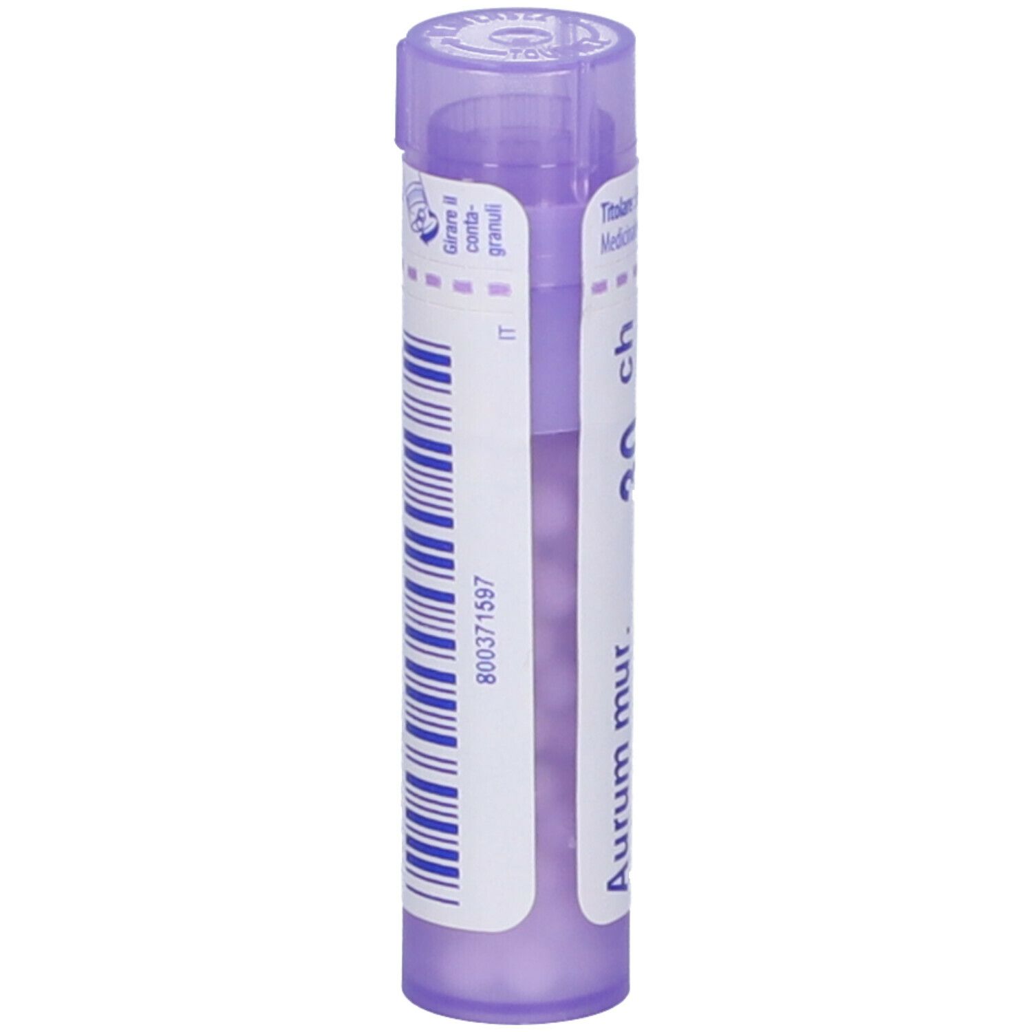 Confezione cilindrica con 'Aur mur. natronatum 30 ch' e 'BOIRON'. Tappo viola. Vista dettagliata.