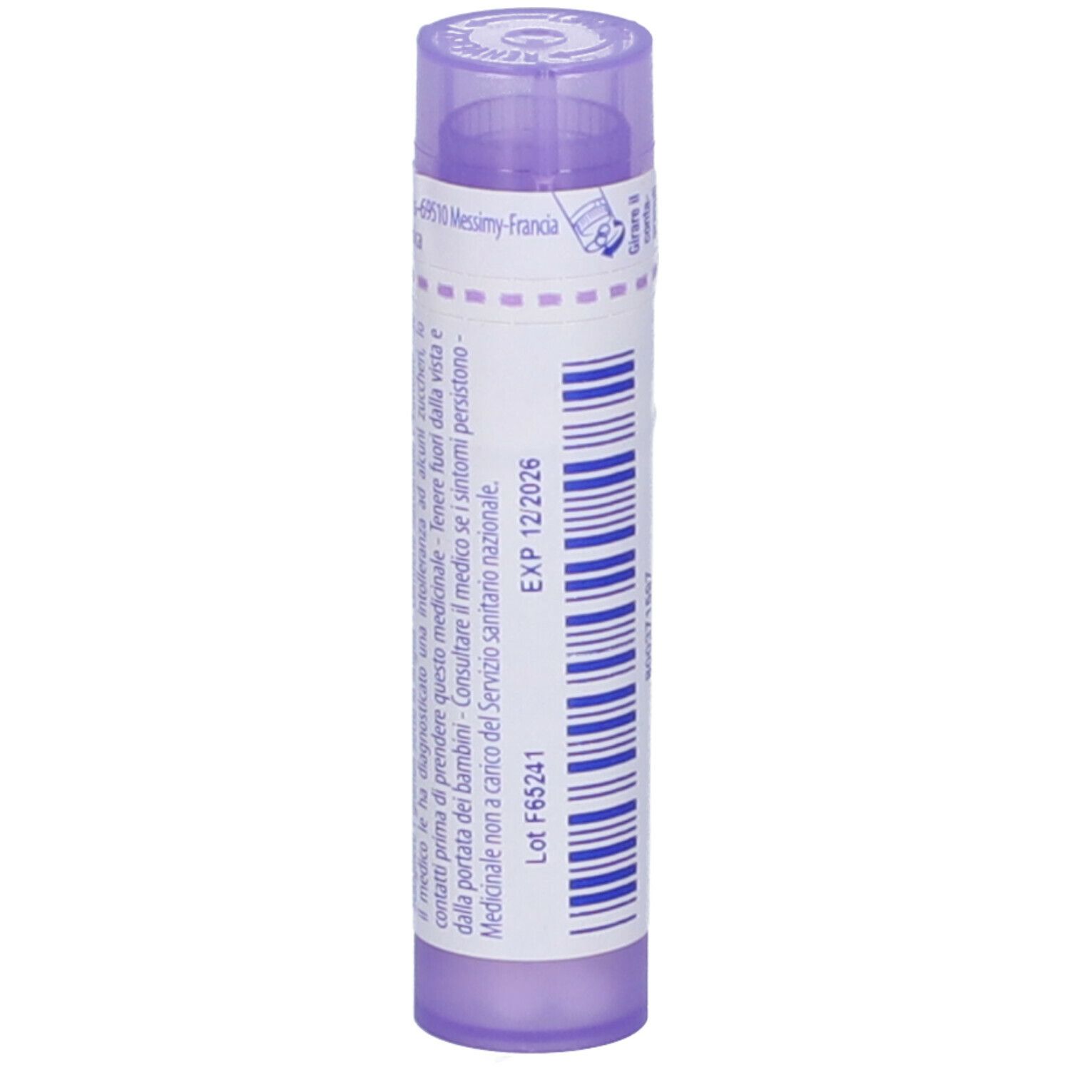 Confezione cilindrica con 'Aur mur. natronatum 30 ch' e 'BOIRON'. Tappo viola. Vista dettagliata.