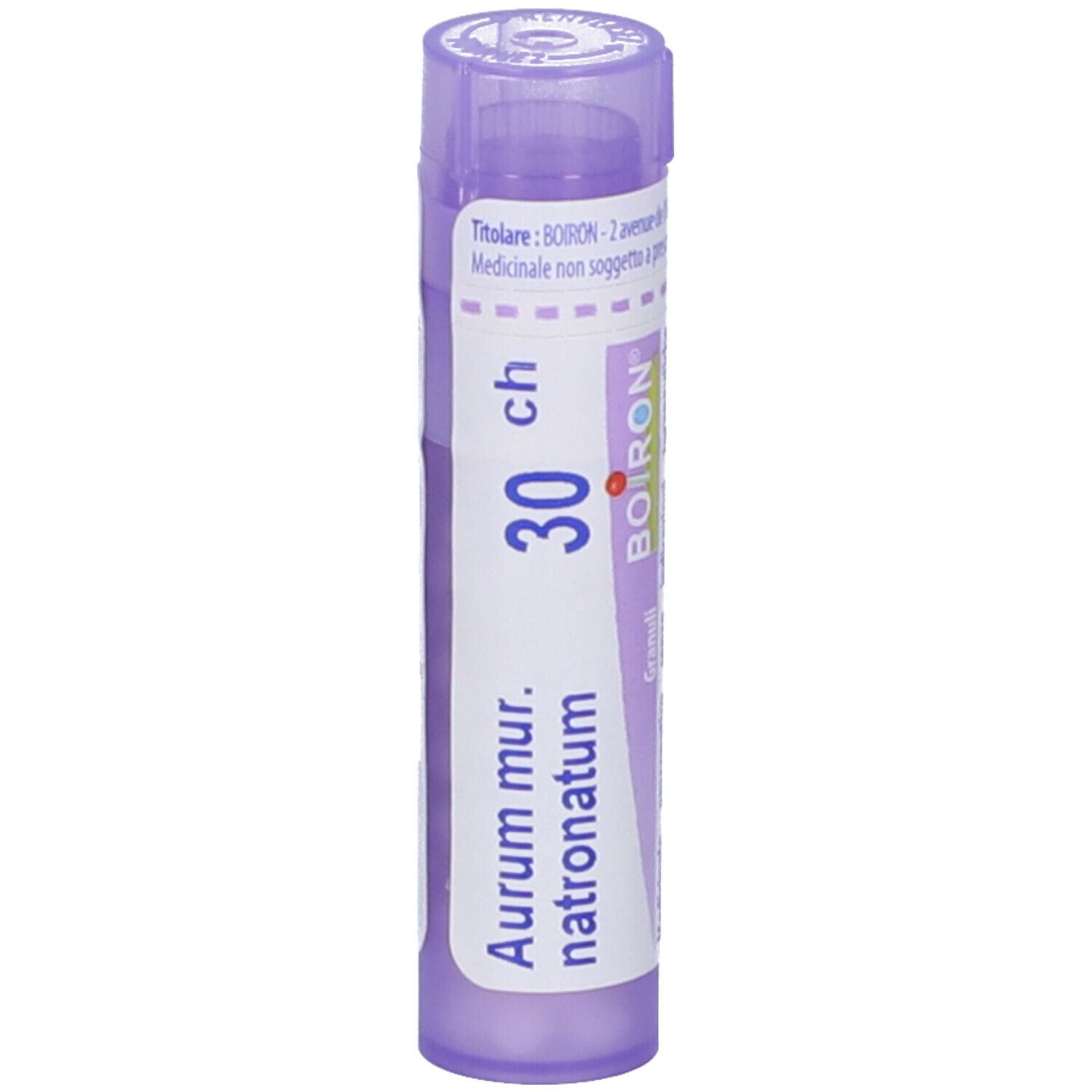 Confezione cilindrica con 'Aur mur. natronatum 30 ch' e 'BOIRON'. Tappo viola. Vista dettagliata.