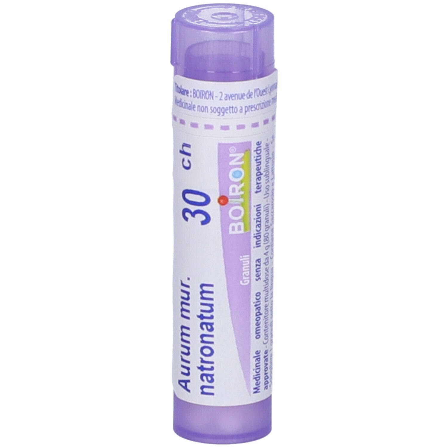 Confezione cilindrica con 'Aur mur. natronatum 30 ch' e 'BOIRON'. Tappo viola. Vista dettagliata.