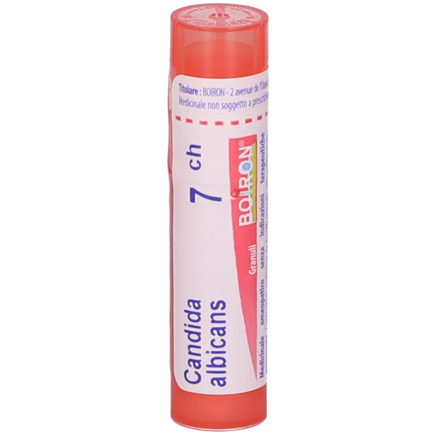 Confezione cilindrica rossa con scritta Candida albicans 7 ch, Boiron.