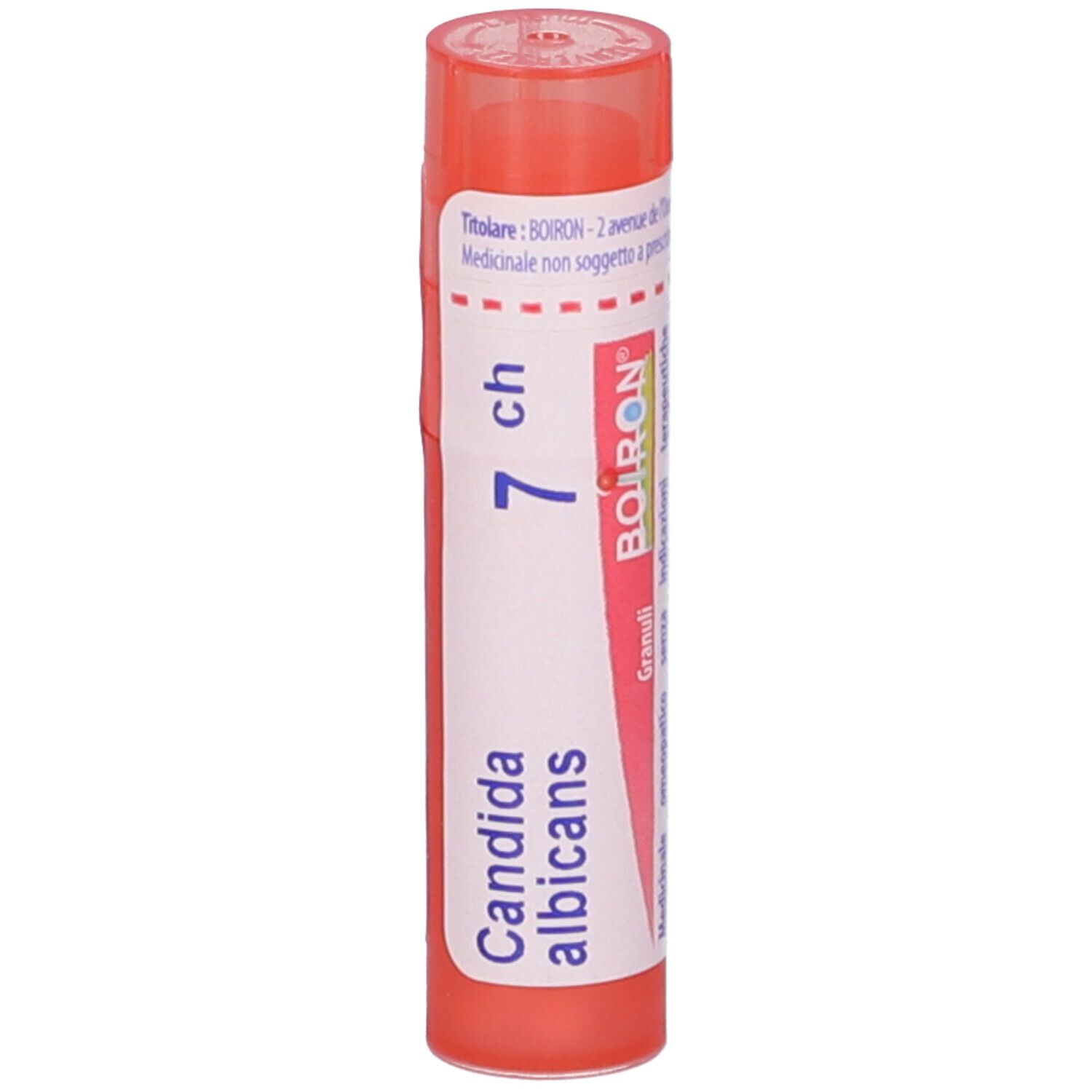 Confezione cilindrica rossa con scritta Candida albicans 7 ch, Boiron.