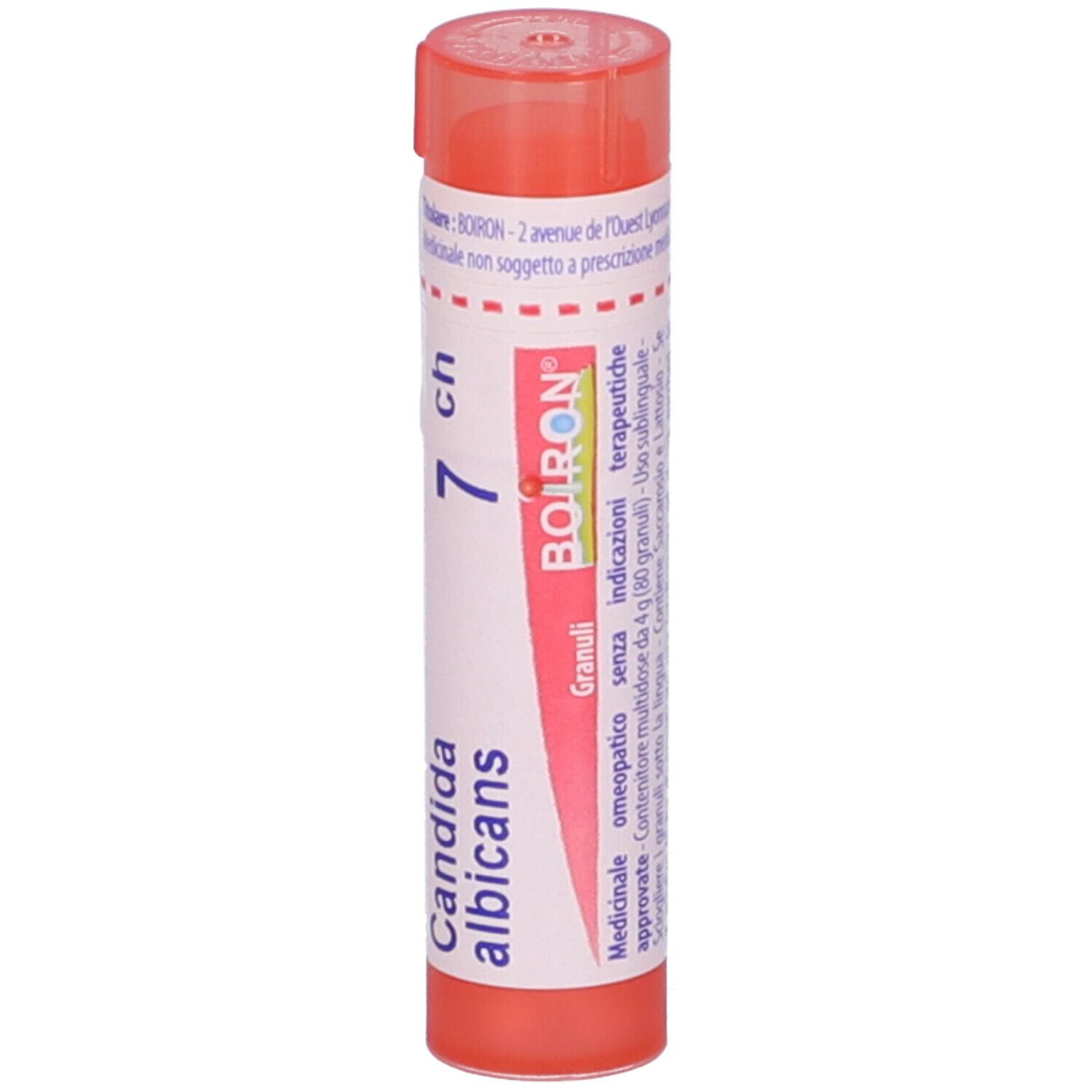 Confezione cilindrica rossa con scritta Candida albicans 7 ch, Boiron, Granuli.