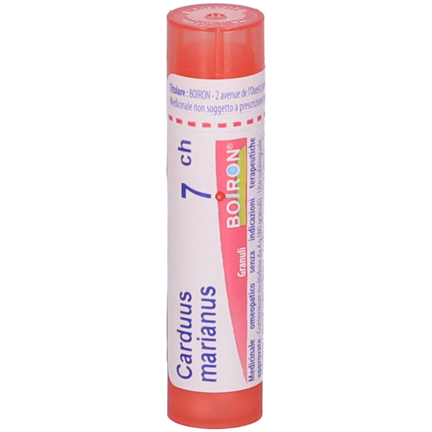 Tubo cilindrico rosa con etichetta bianca. Scritta: Carduus marianus 7 CH, BOIRON, Granuli.