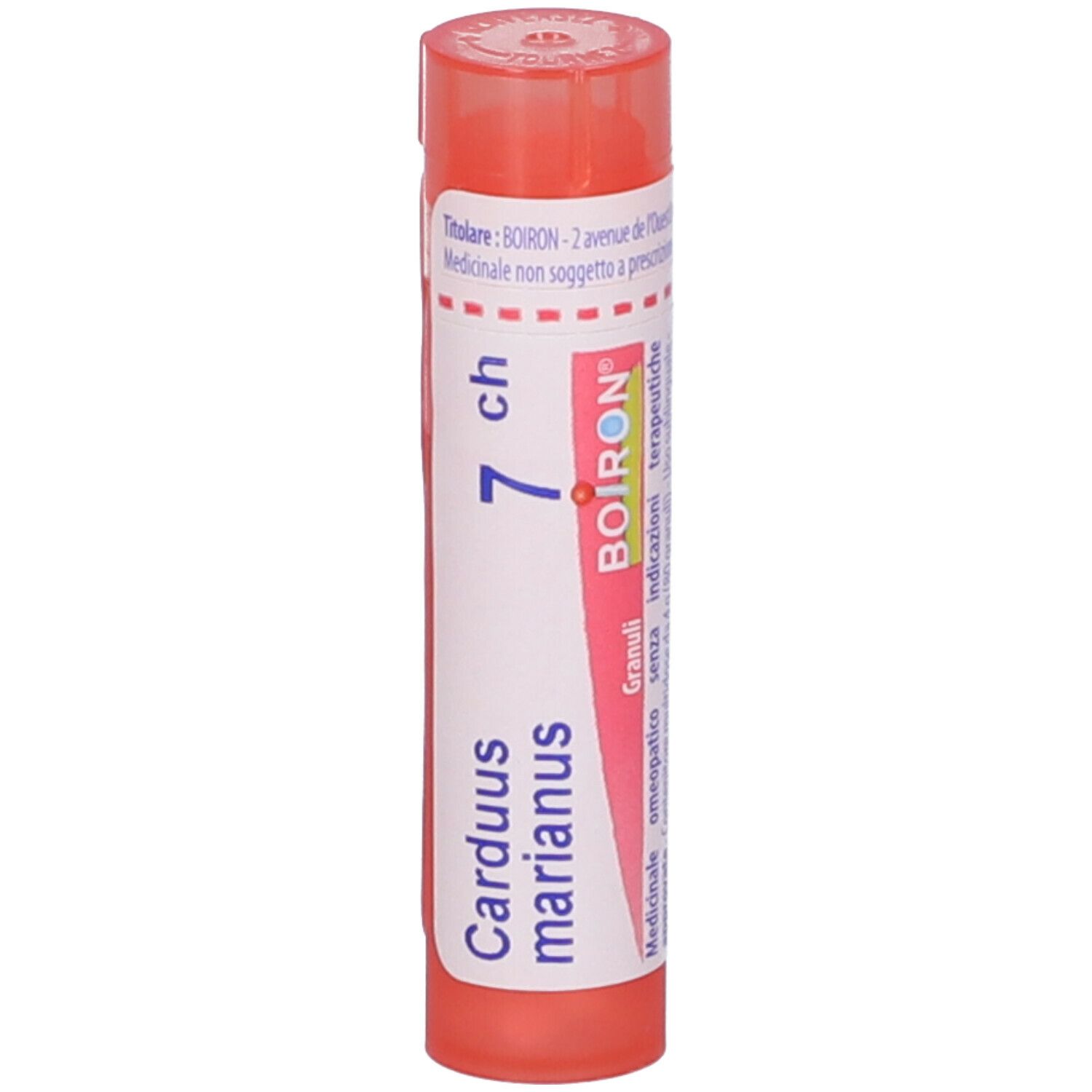 Tubo rosa con etichetta bianca. Scritta: Carduus marianus 7 ch, BOIRON.