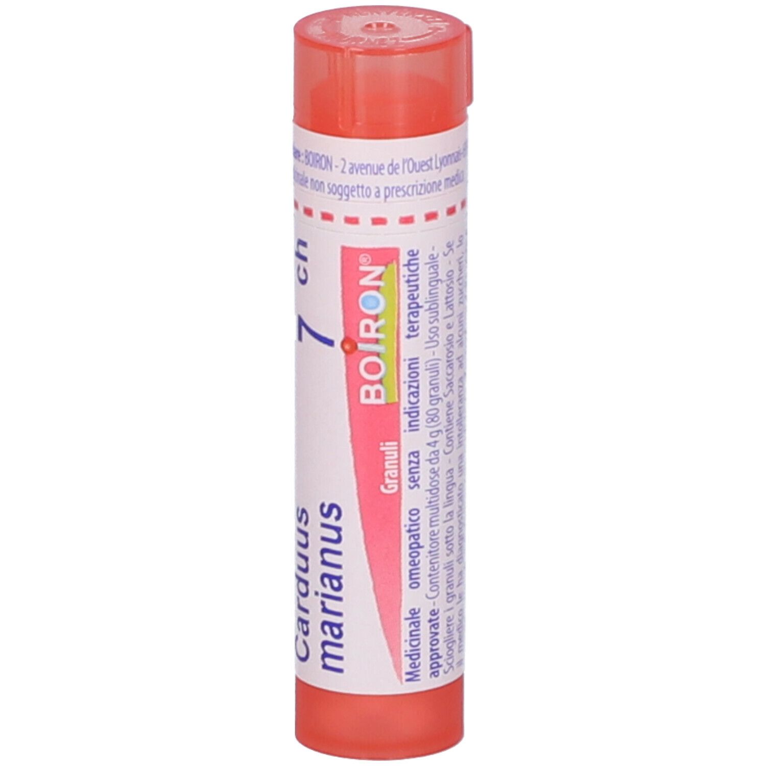 Tubo rosa con etichetta bianca. Scritta: Carduus marianus 7 ch, BOIRON, Granuli.