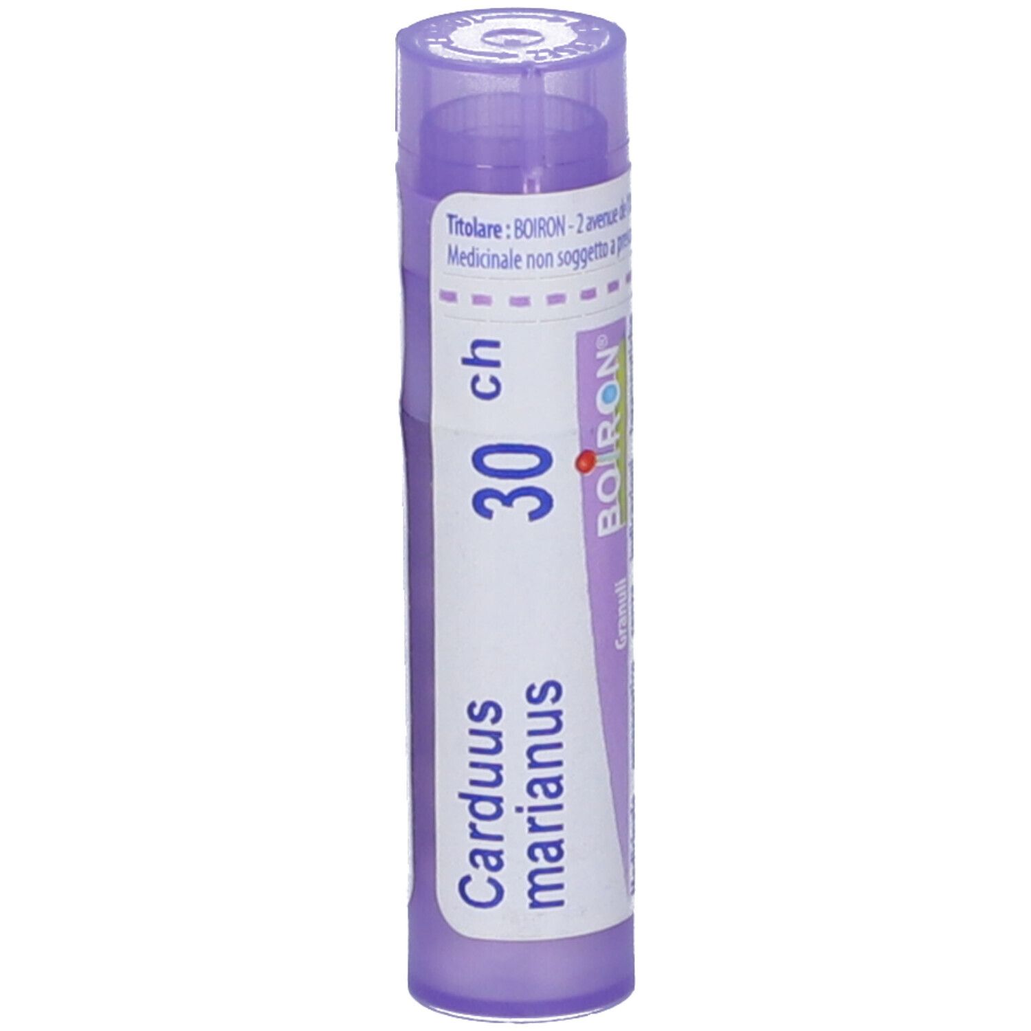 Confezione cilindrica viola con etichetta bianca. Scritte: Carduus marianus, 30 ch, BOIRON, Granuli.