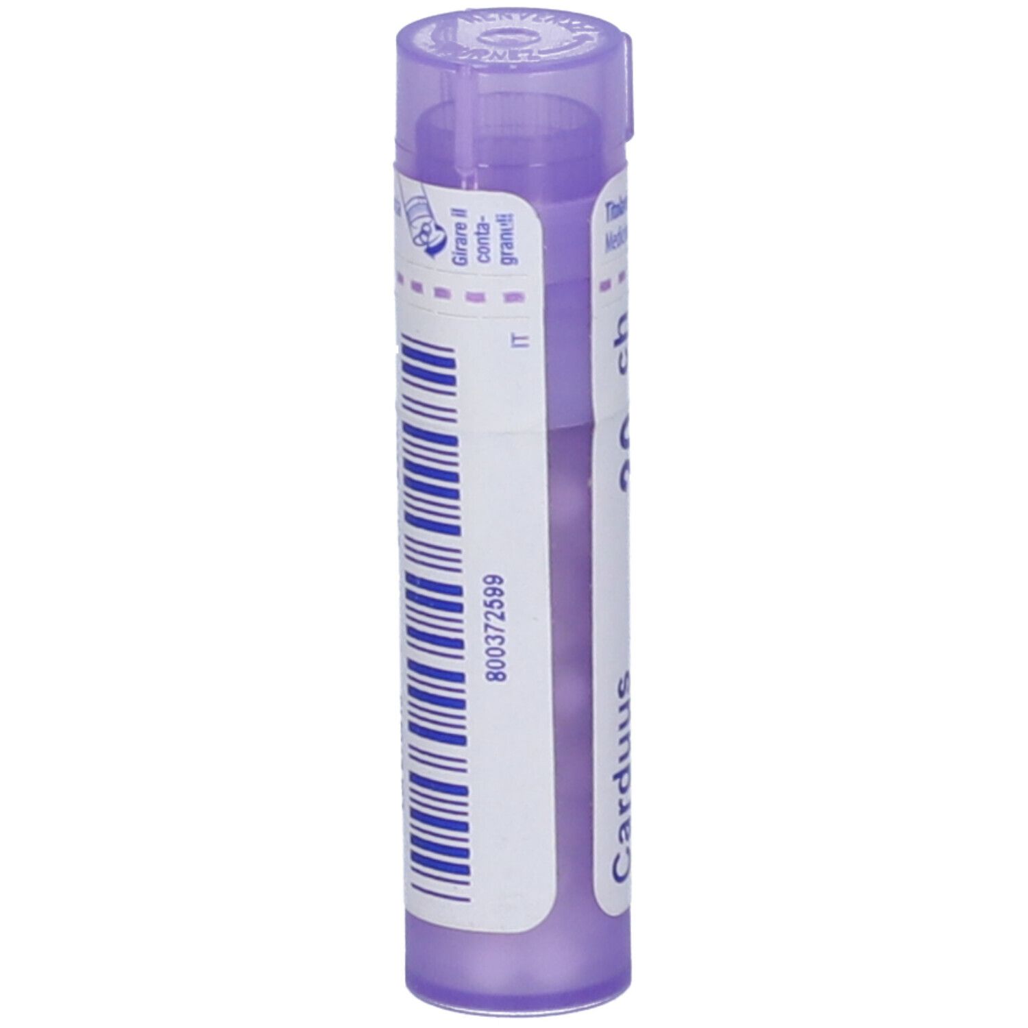 Confezione cilindrica viola con etichetta bianca. Scritte: Carduus, 30 ch, BOIRON, Granuli. Testo sul retro.