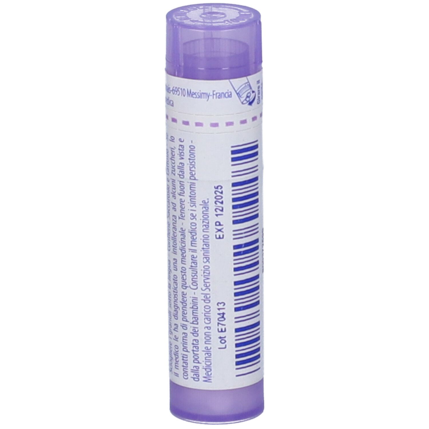 Confezione cilindrica viola con etichetta bianca. Scritte: Carduus, 30 ch, BOIRON, Granuli. Testo sul retro.