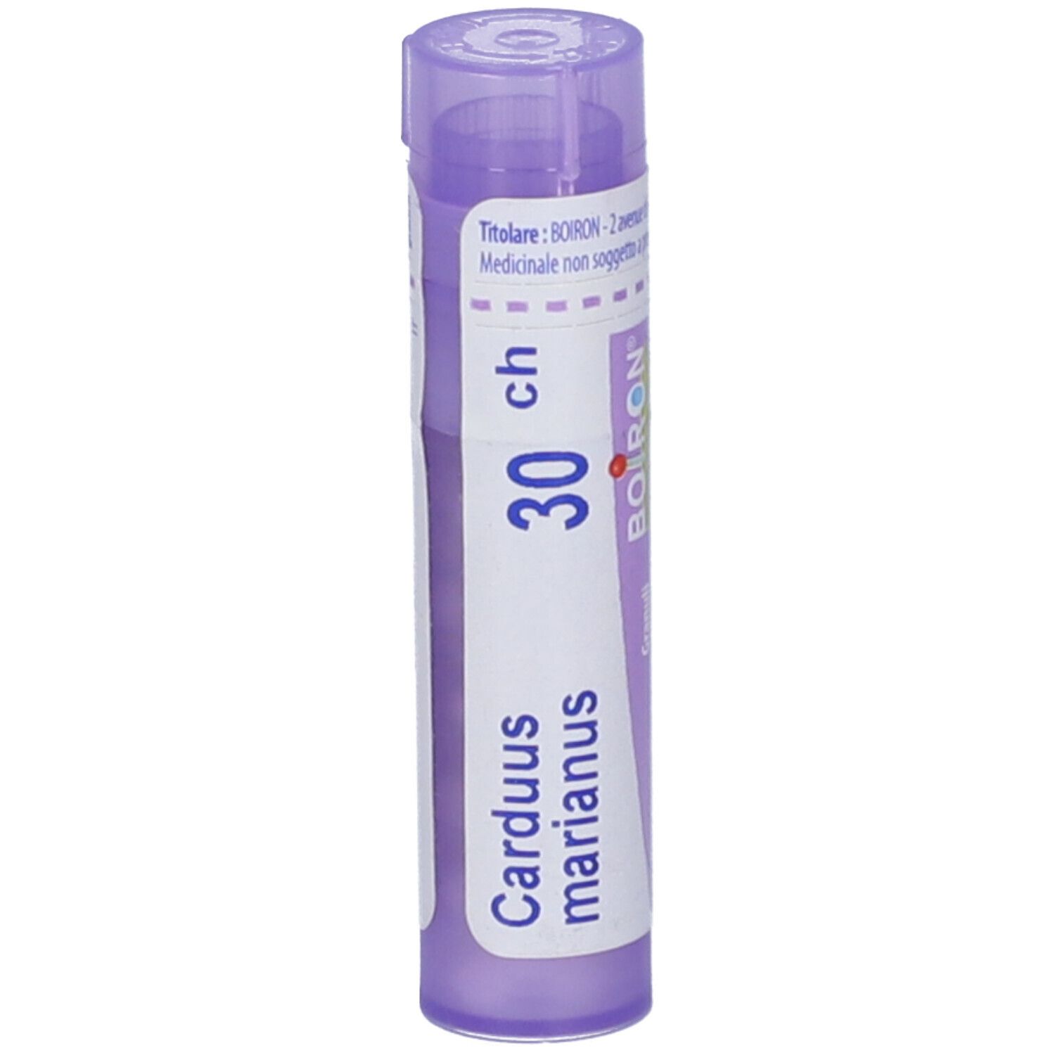 Confezione cilindrica viola con etichetta bianca. Scritte: Carduus marianus, 30 ch, BOIRON, Granuli.