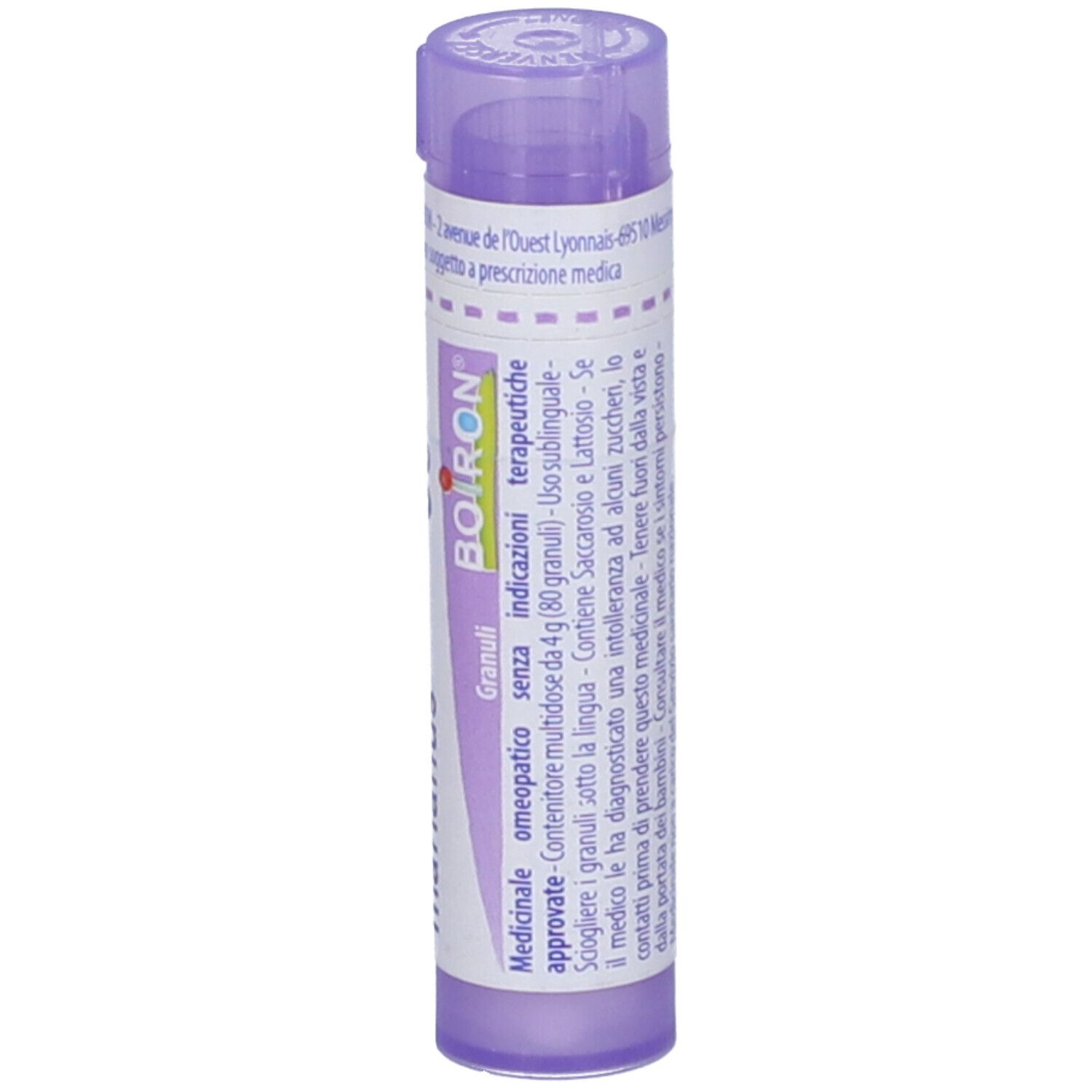 Confezione cilindrica viola con etichetta bianca. Scritte: Carduus marianus, 30 ch, BOIRON, Granuli.
