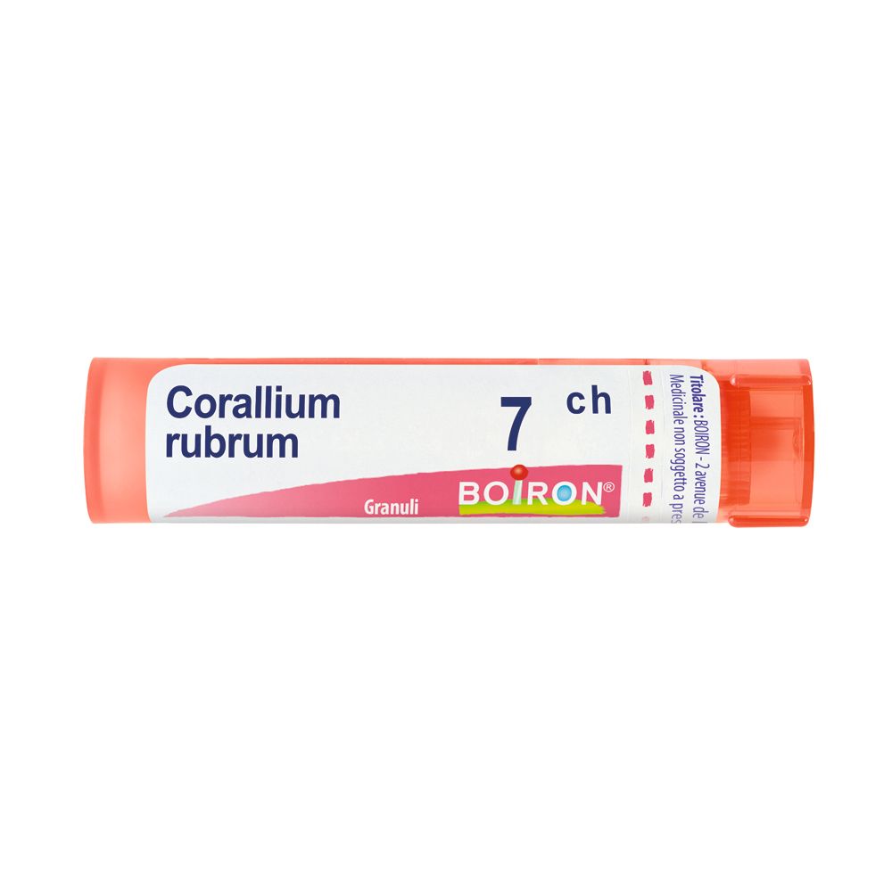 Confezione cilindrica rosa. Scritta: Corallium rubrum 7 ch, Granuli, Boiron.