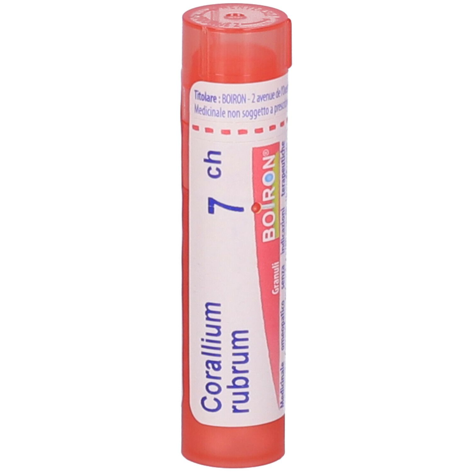 Confezione cilindrica rosa. Scritta: Corallium rubrum 7 ch, Boiron. Tappo rosso.