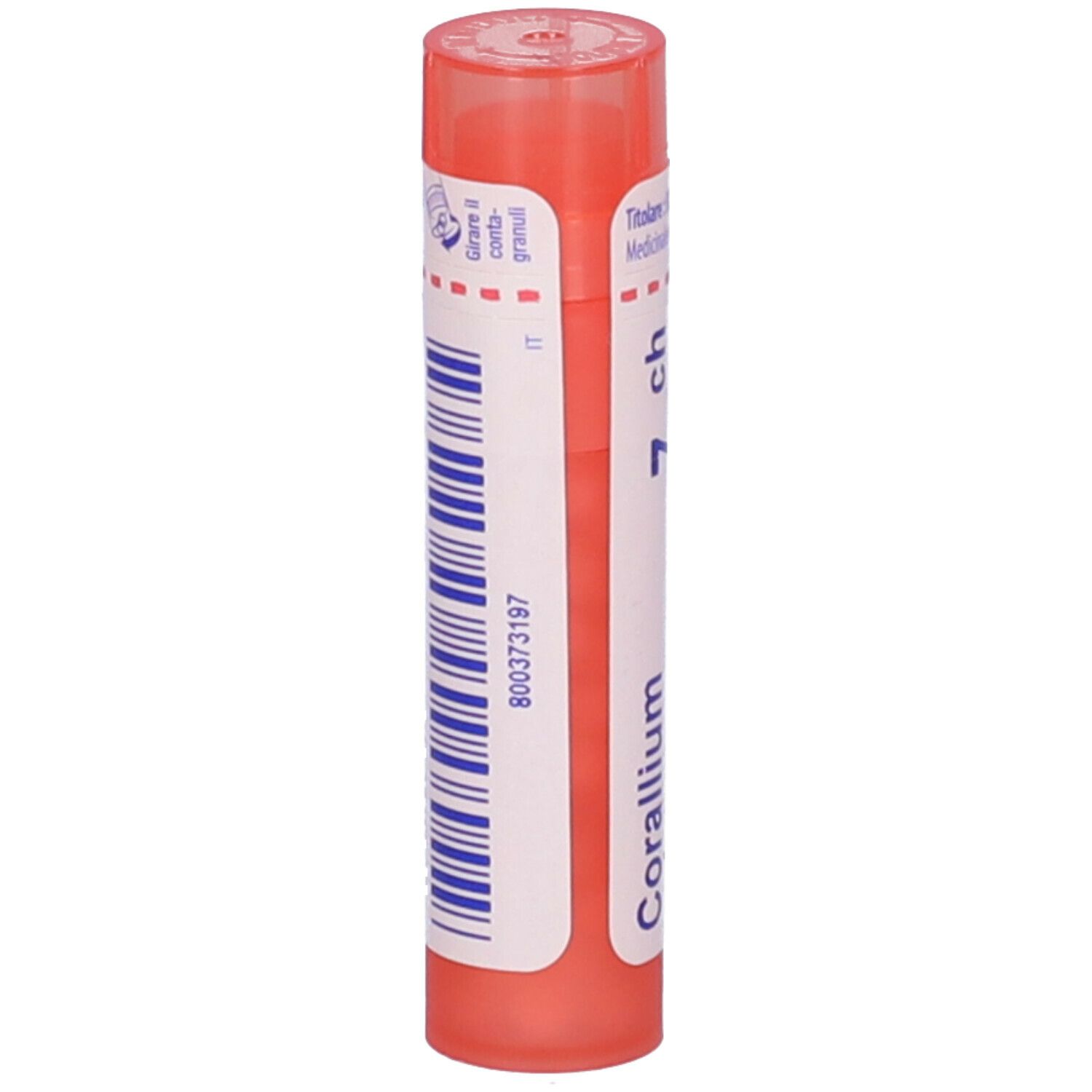Confezione cilindrica rosa. Scritta: Corallium, 7 ch. Tappo rosso. Informazioni produttore.