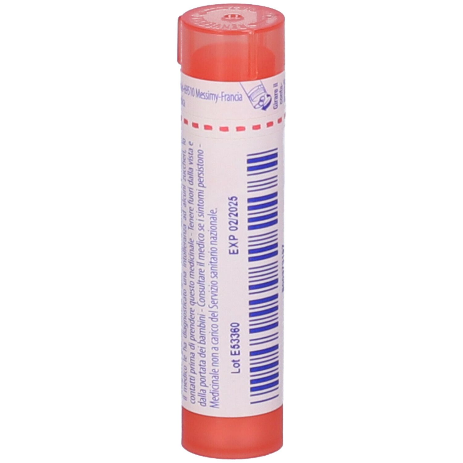 Confezione cilindrica rosa. Scritta: Corallium, 7 ch. Tappo rosso. Data di scadenza.