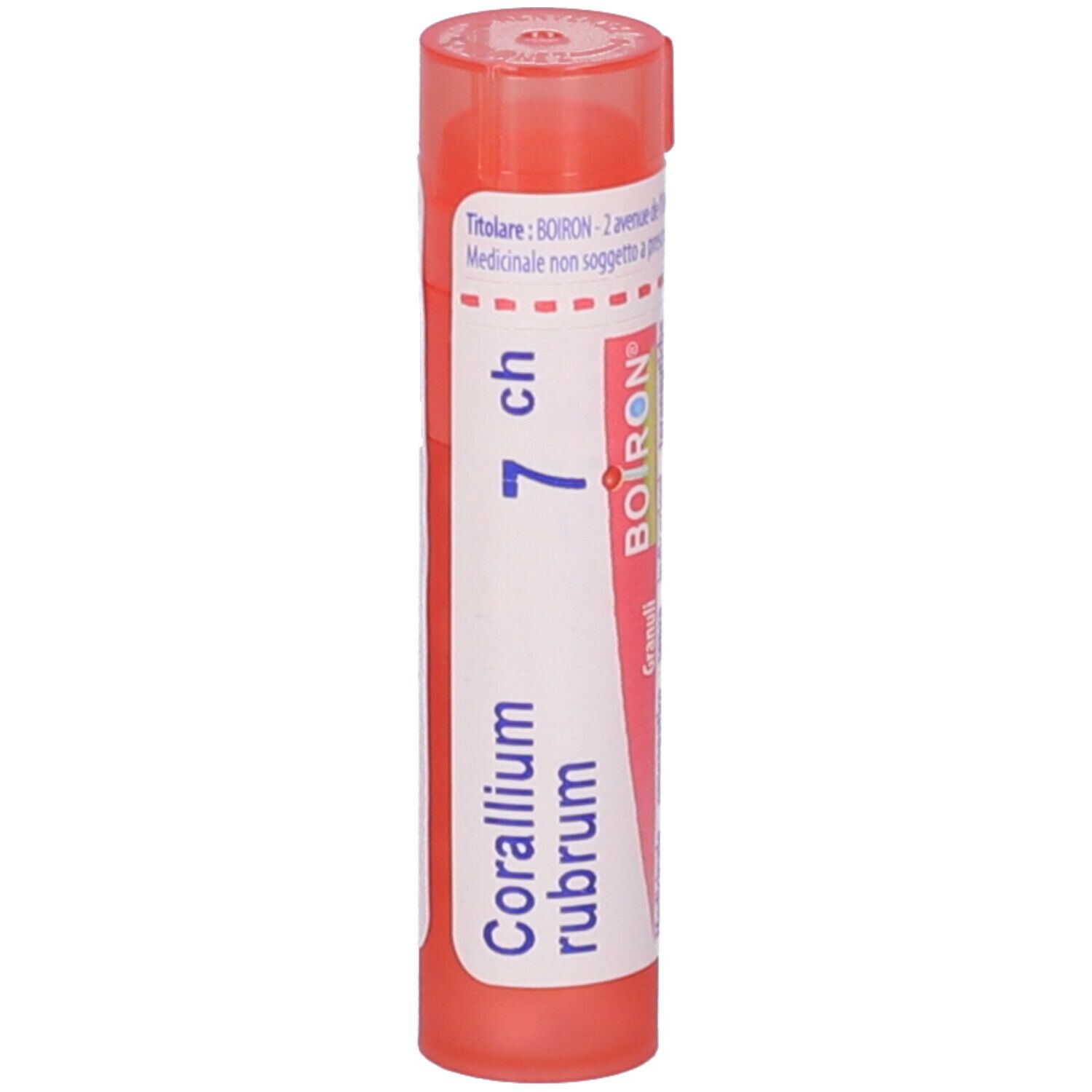 Confezione cilindrica rosa. Scritta: Corallium rubrum 7 ch, Boiron. Tappo rosso.