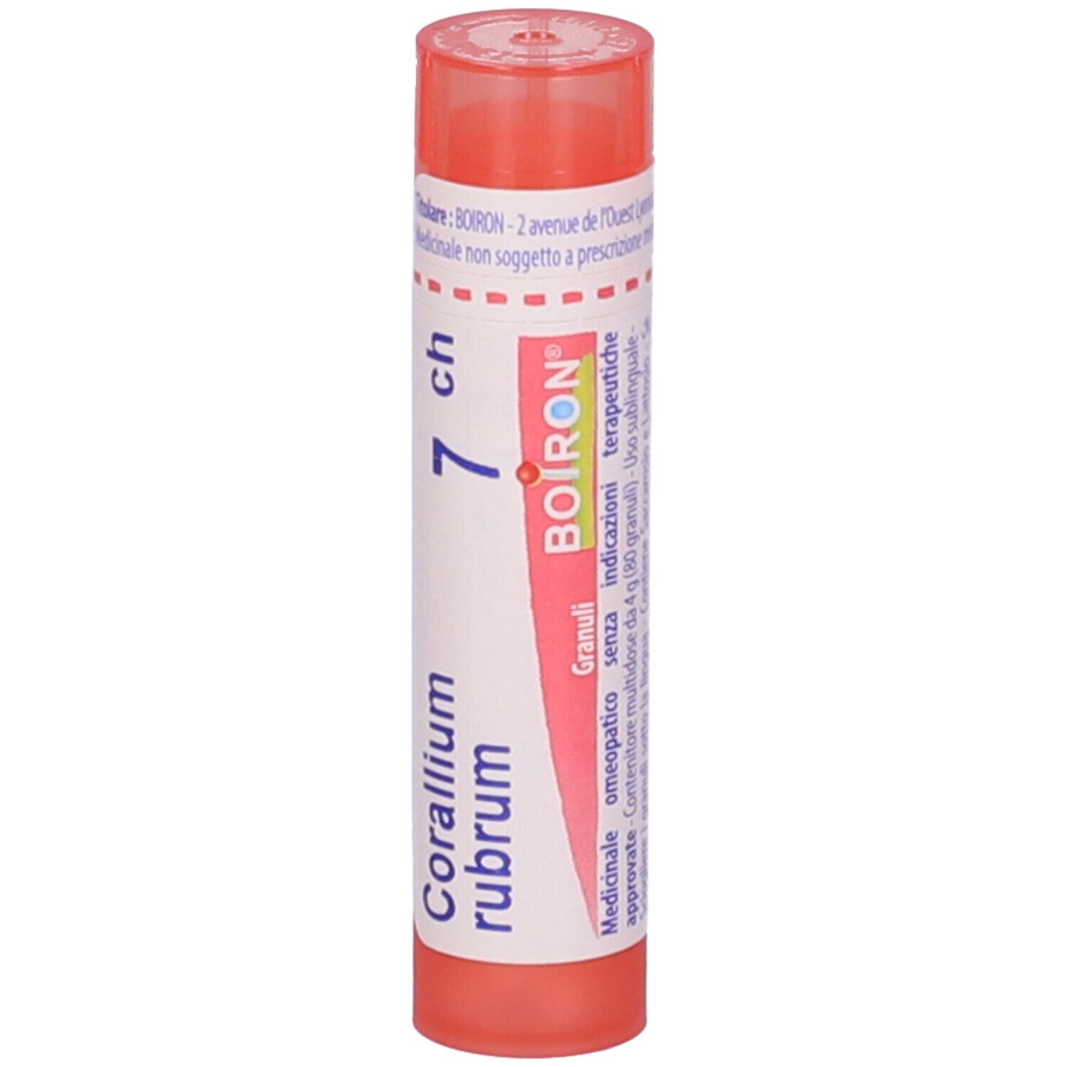 Confezione cilindrica rosa. Scritta: Corallium rubrum 7 ch, Boiron. Tappo rosso. Granuli.