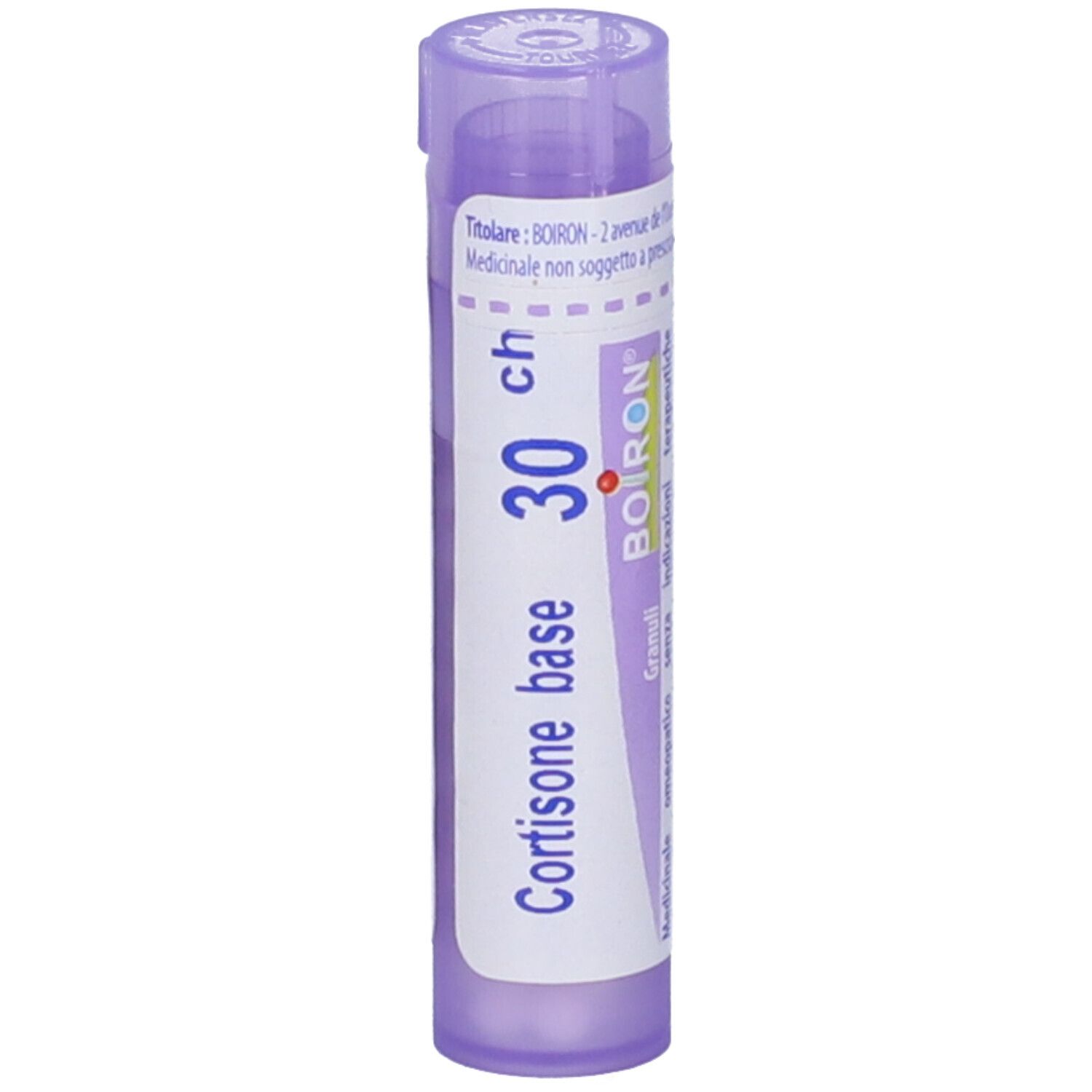 Flacone viola con testo bianco. Scritto: Cortisone base, 30 ch, BOIRON, Granuli. Il tappo è viola chiaro.