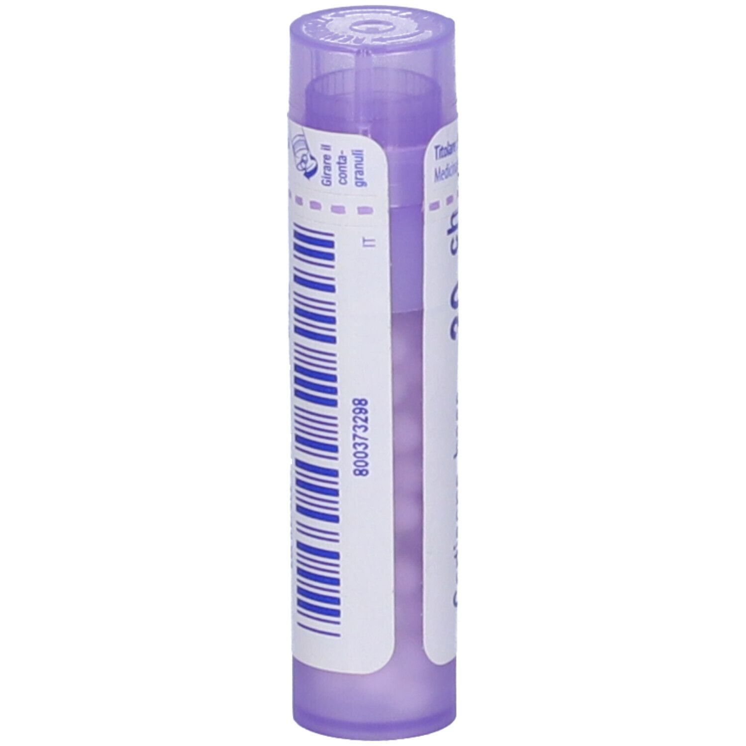 Flacone viola con strisce e testo bianchi. Scritto: 800373298. Il tappo è viola chiaro.