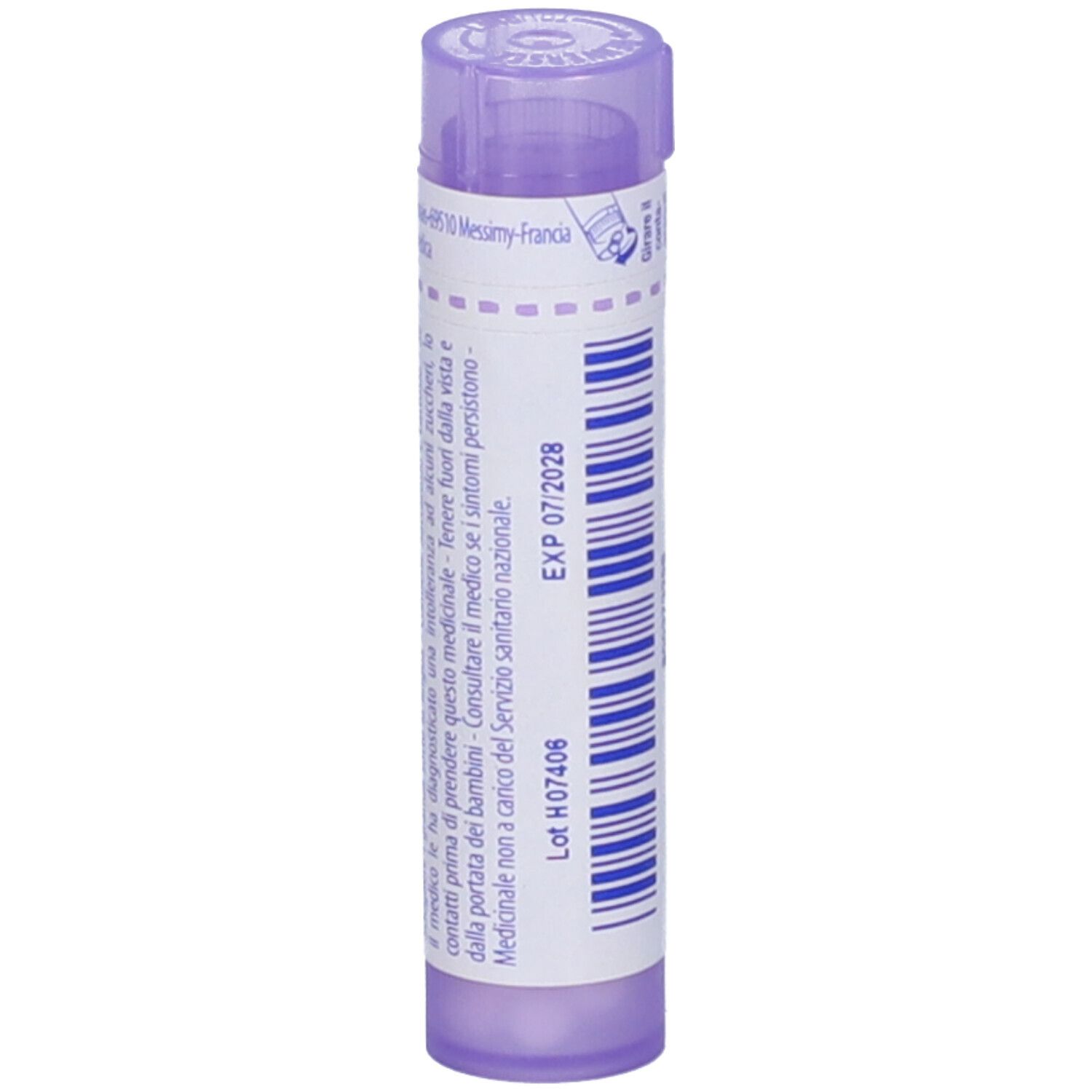 Flacone viola con testo bianco. Scritto: EXP 07/2028, Lot H07406. Il tappo è viola chiaro.