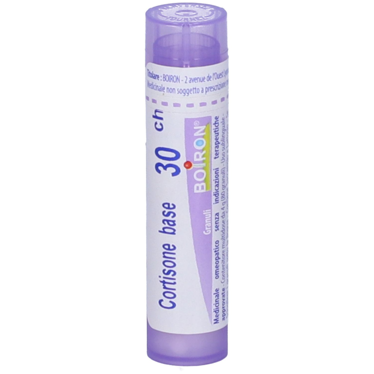 Flacone viola con testo bianco. Scritto: Cortisone base, 30 ch, BOIRON, Granuli. Il tappo è viola chiaro.