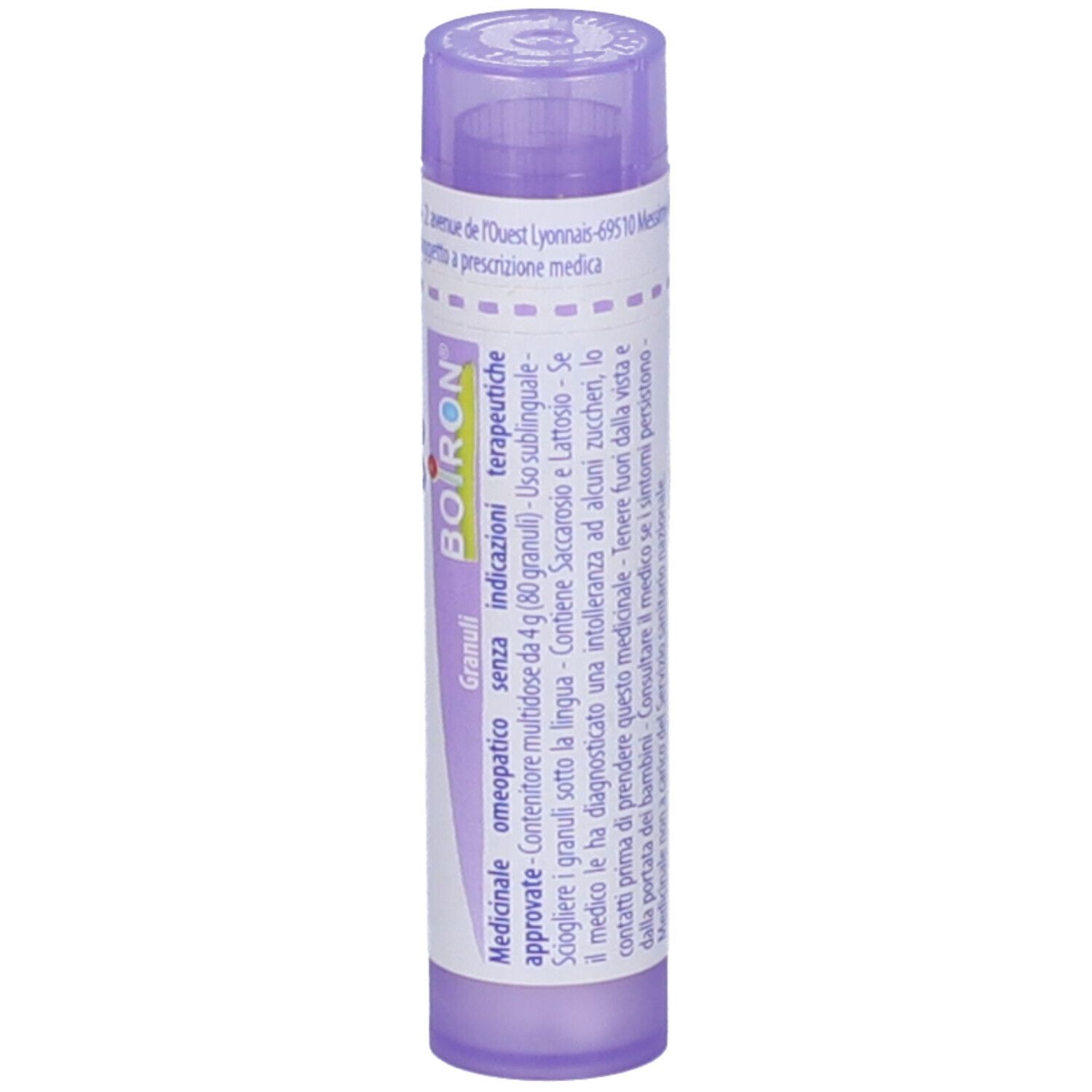 Flacone viola con testo bianco. Scritto: BOIRON, Granuli, omeopatico. Il tappo è viola chiaro.