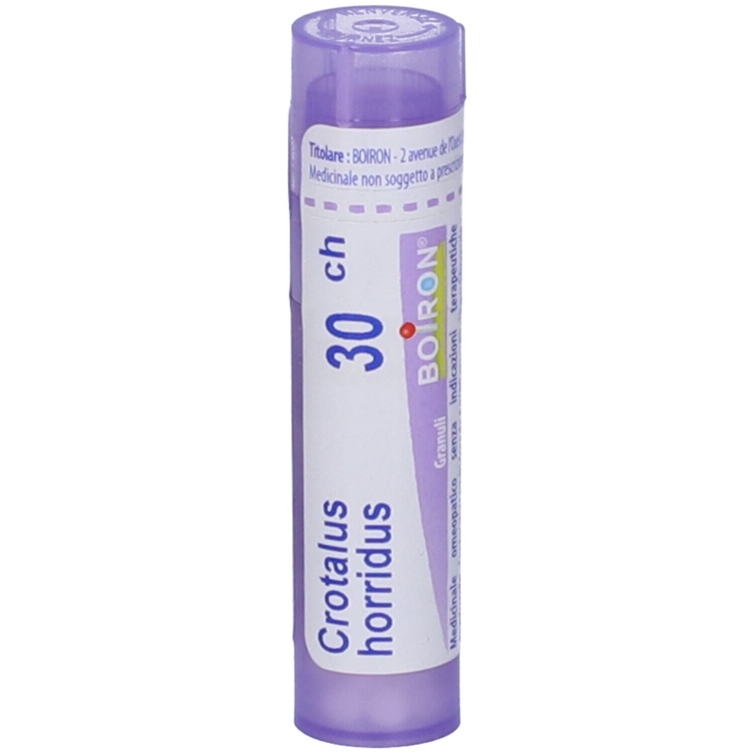Confezione cilindrica BOIRON® Crotalus Horridus 30Ch Granuli. Tappo viola, scritte bianche.