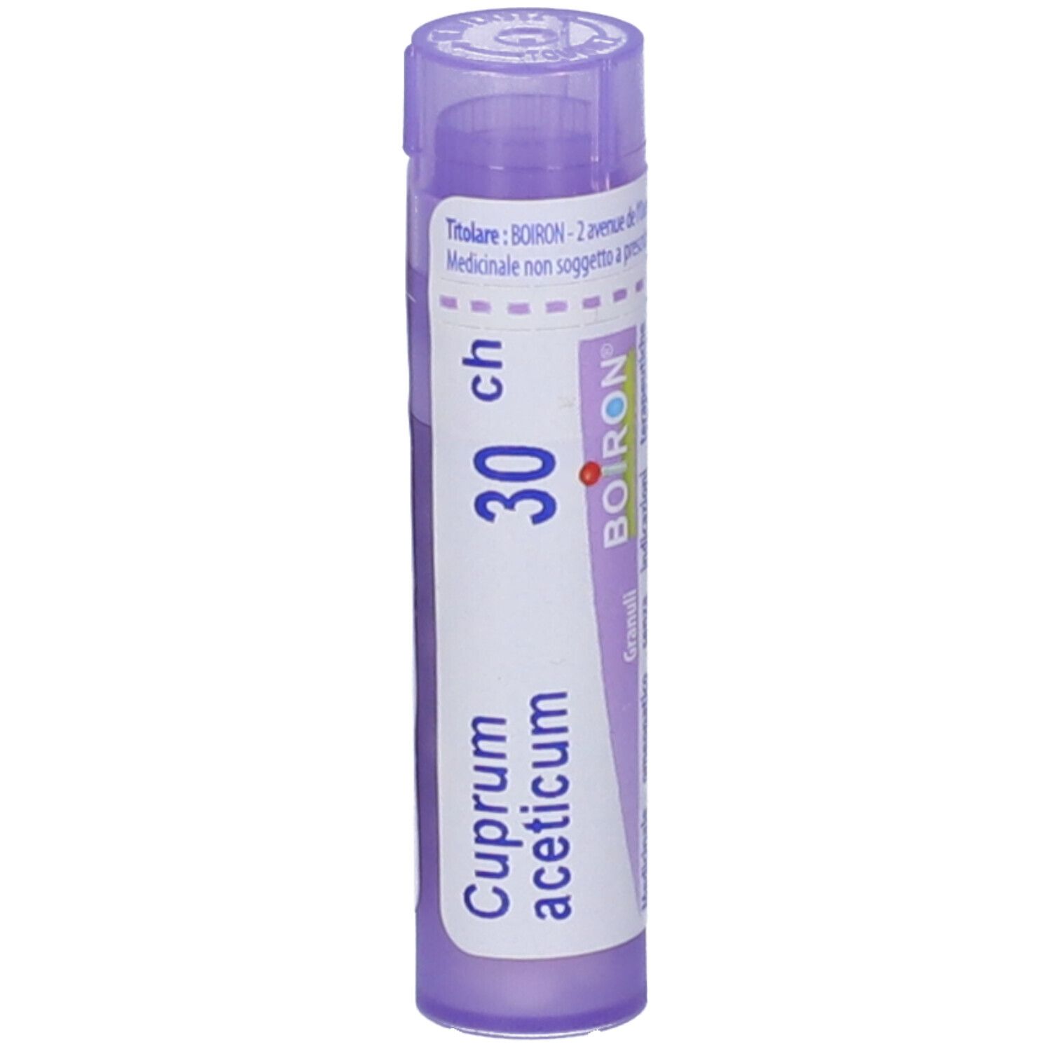 Tubo viola con etichetta bianca. Scritta: Cuprum aceticum, 30 ch, BOIRON. Coperchio e base viola.
