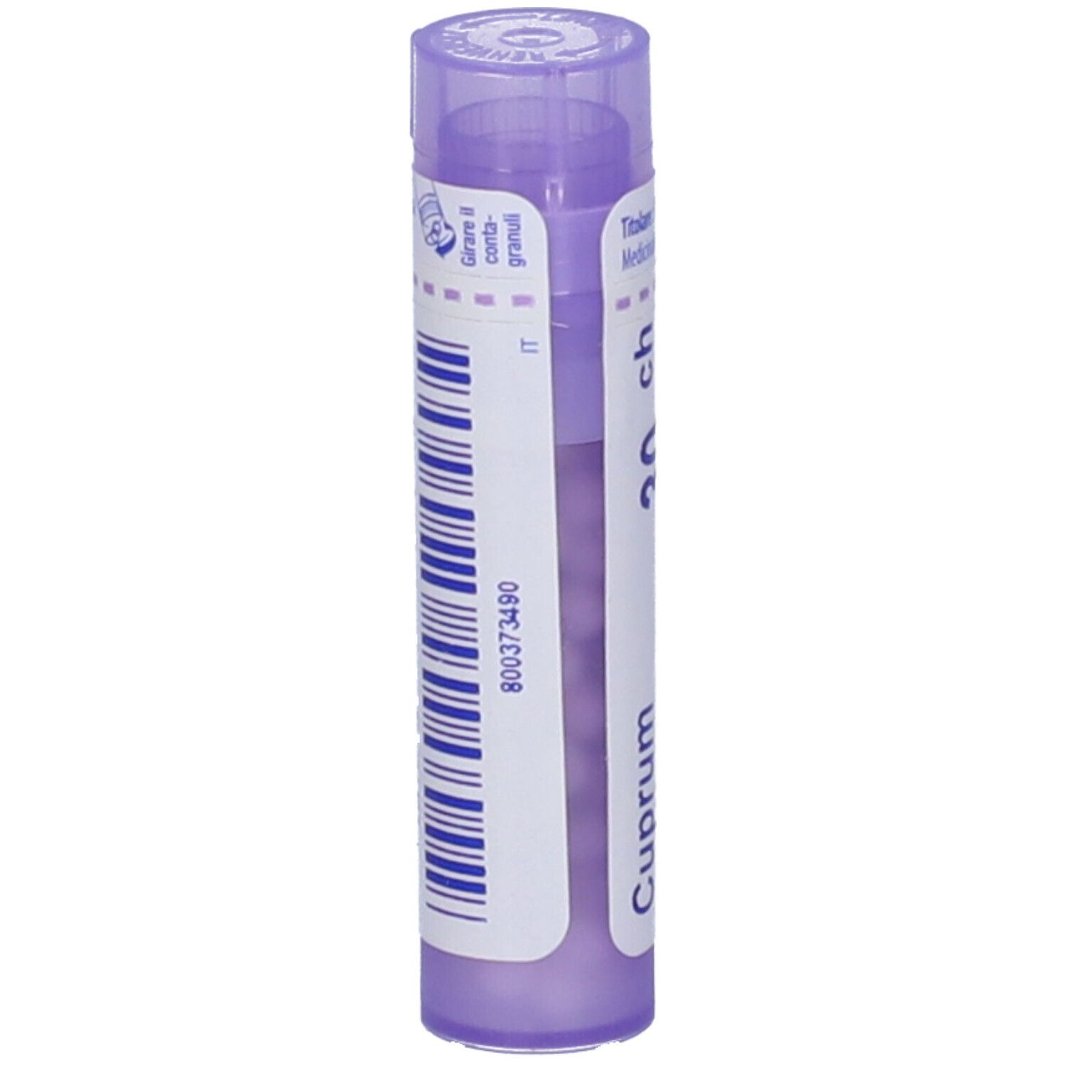Tubo viola con etichetta bianca. Scritta: Cuprum, 30 ch, BOIRON. Informazioni stampate sul retro.