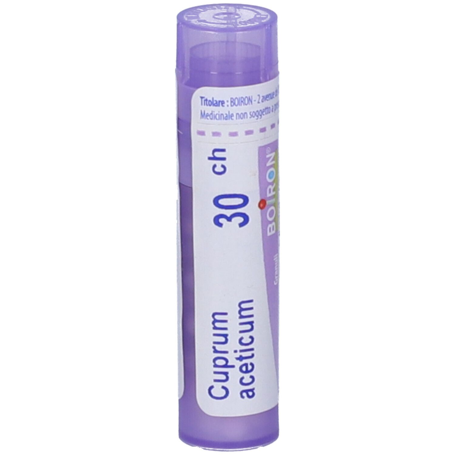 Tubo viola con etichetta bianca. Scritta: Cuprum aceticum, 30 ch, BOIRON. Il coperchio e la base sono viola.