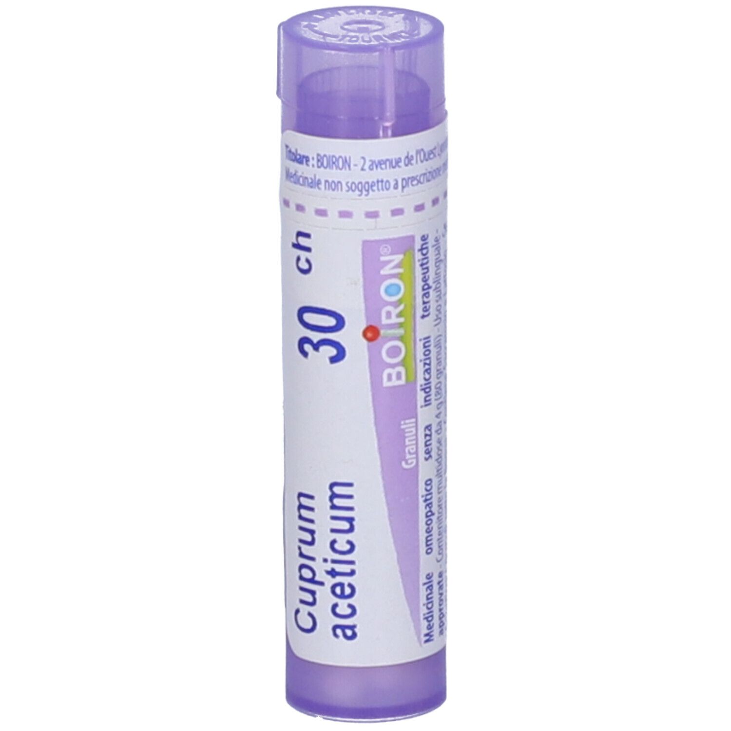 Tubo viola con etichetta bianca. Scritta: Cuprum aceticum, 30 ch, BOIRON. Informazioni stampate.