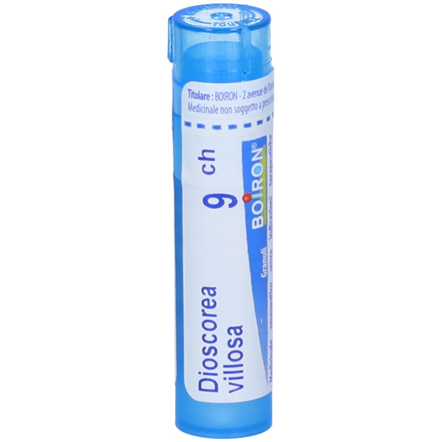 Confezione cilindrica blu di Dioscorea villosa 9 ch Granuli. Etichetta bianca con nome del prodotto, dosaggio e logo BOIRON.