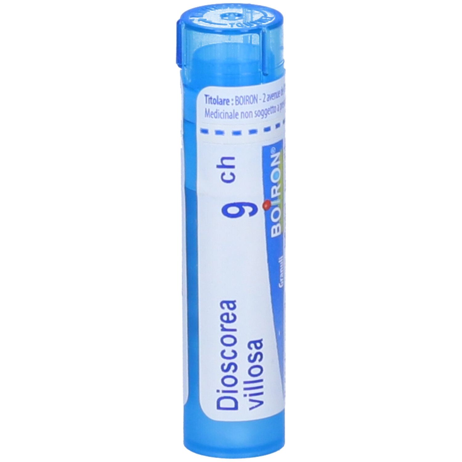 Confezione cilindrica blu di Dioscorea villosa 9 ch Granuli. Etichetta bianca con nome del prodotto, dosaggio e logo BOIRON.