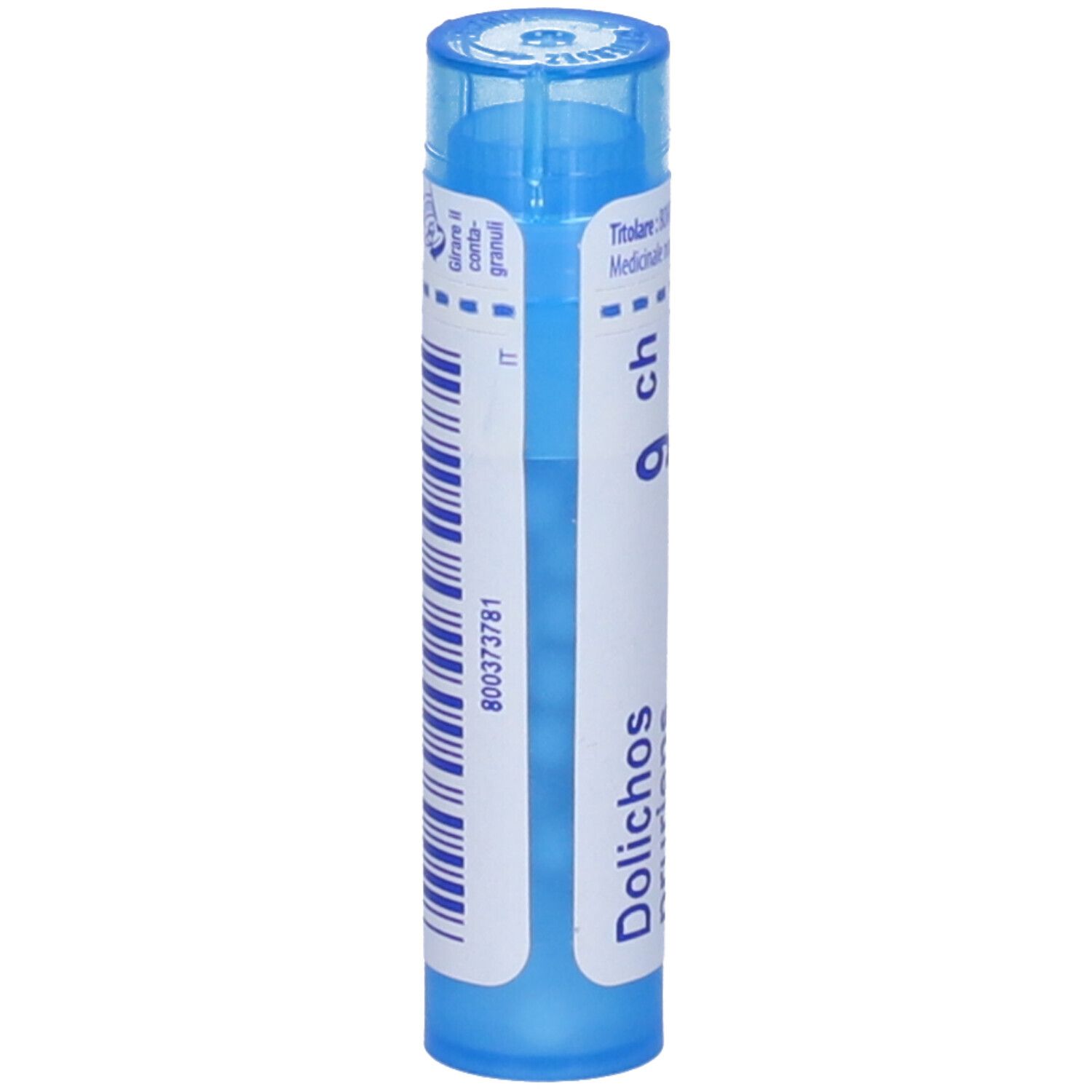 Tubo blu con etichetta bianca e codice a barre. Scritta: 'Dolichos', '9 ch'.