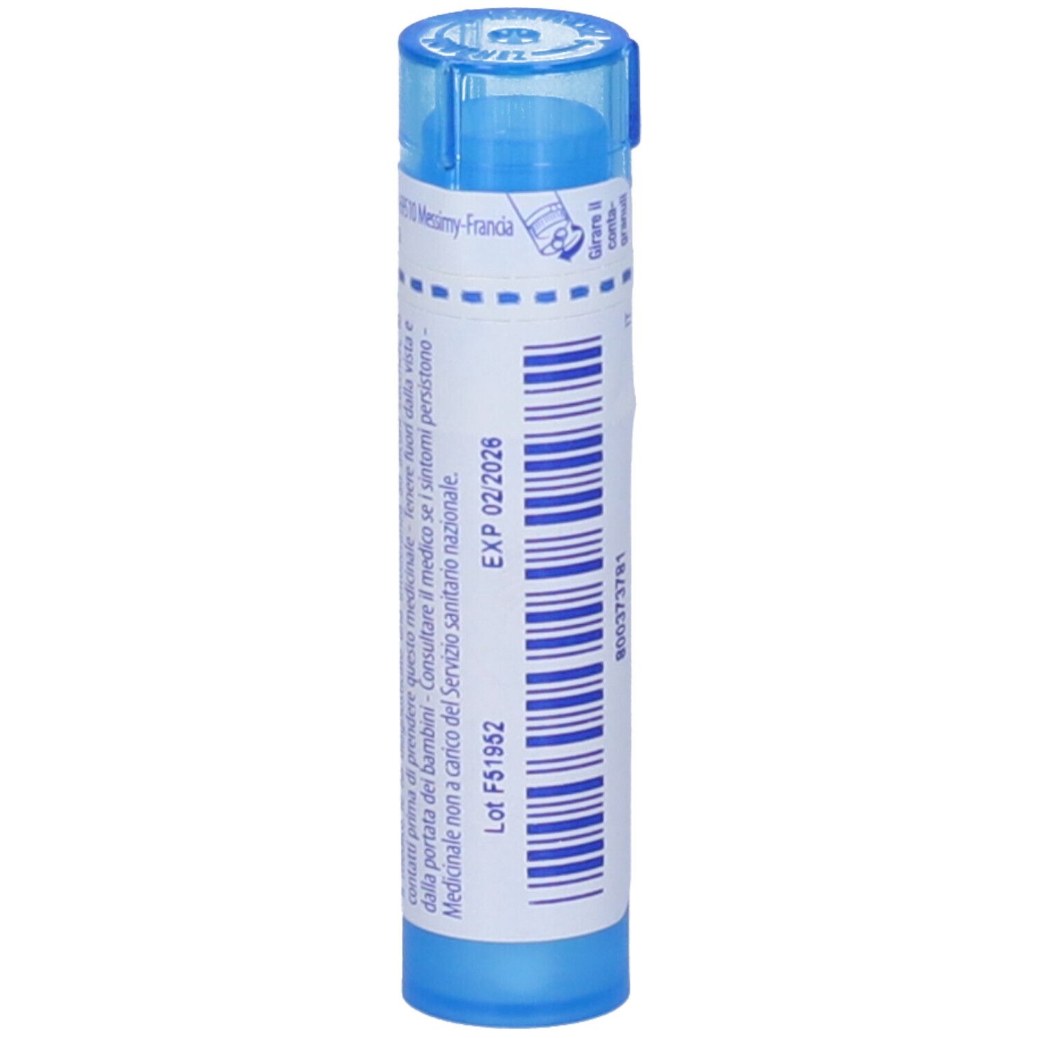 Tubo blu con etichetta bianca. Scritta: 'EXP 02/2026', 'Lot F51952'.