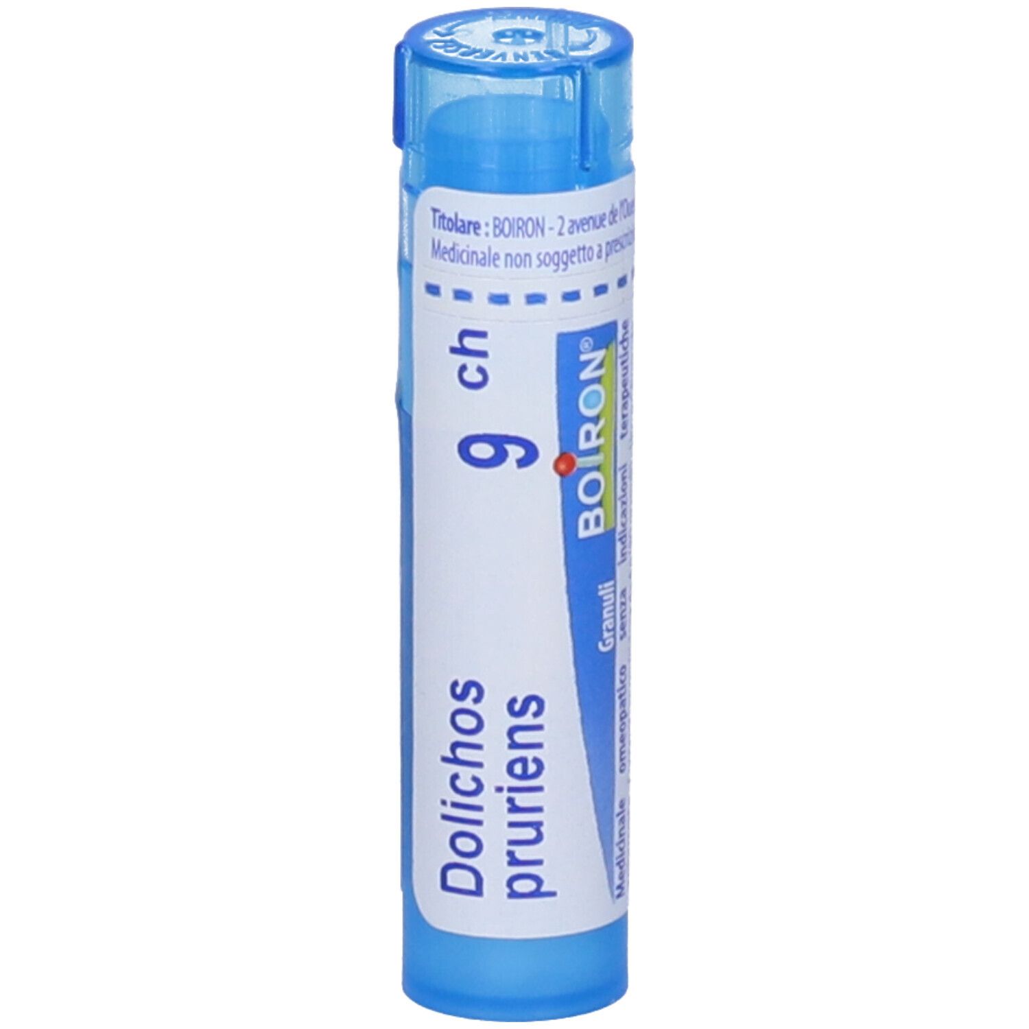 Tubo blu con etichetta bianca. Scritta: 'Dolichos pruriens 9 ch', logo BOIRON, 'Granuli'.