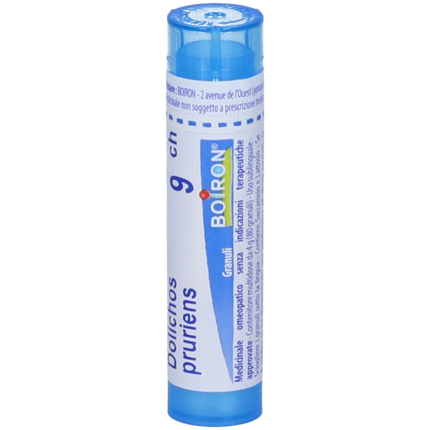 Tubo blu con etichetta bianca. Scritta: 'Dolichos pruriens 9 ch', logo BOIRON, 'Granuli'.