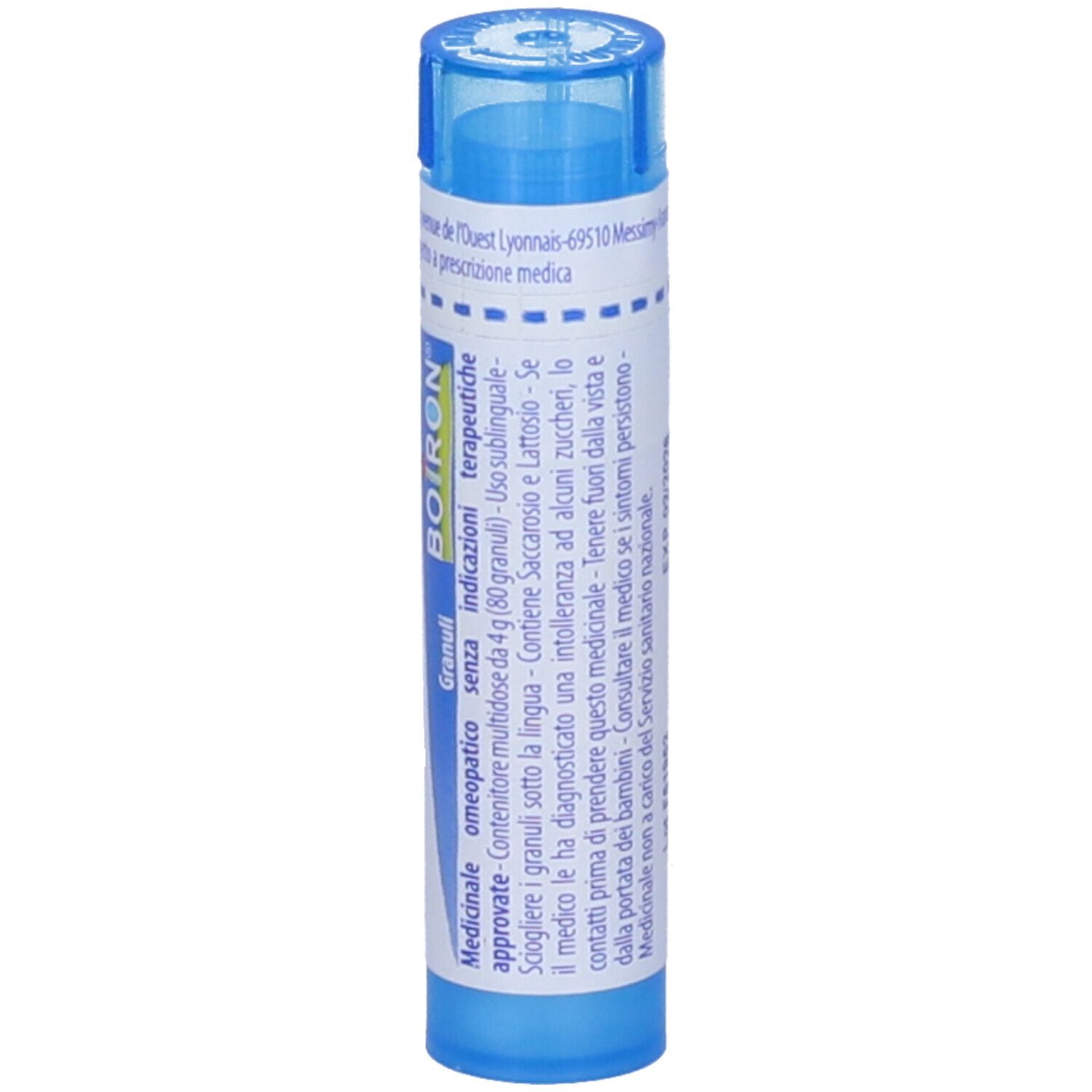 Tubo blu con etichetta bianca. Scritta: 'Dolichos pruriens 9 ch', logo BOIRON, 'Granuli'.