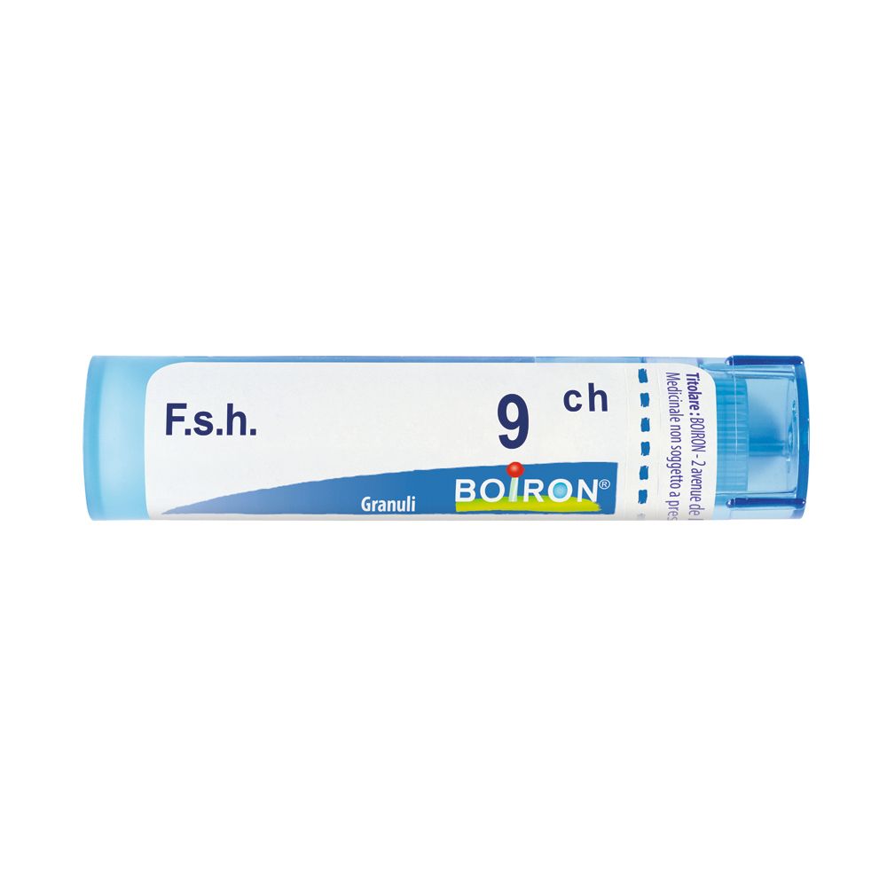 Tubo blu e bianco con "F.s.h. 9 ch Granuli" e logo BOIRON. Scritte in francese.