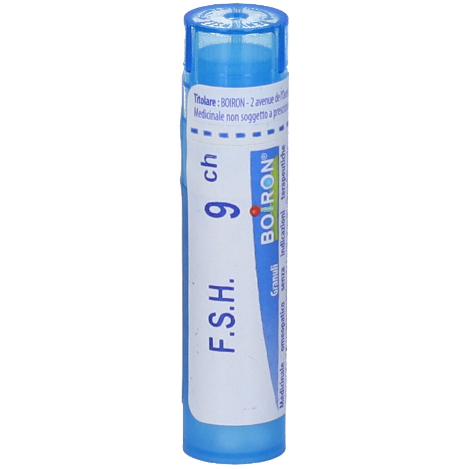 Tubo blu con etichetta bianca. Scritta: "F.s.h. 9 ch" e logo BOIRON. Designazione Granuli.