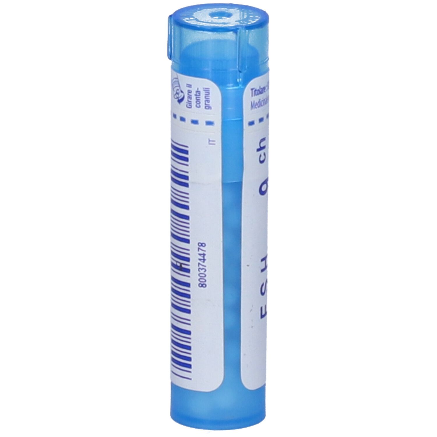 Tubo blu con etichetta bianca. Scritta: "F.s.h. 9 ch" e logo BOIRON. Codice a barre e altre informazioni.