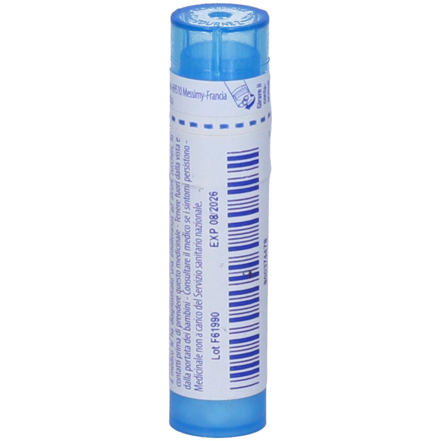 Tubo blu con etichetta bianca. Scritta: "F.s.h. 9 ch" e logo BOIRON. Scadenza: 08 2026.