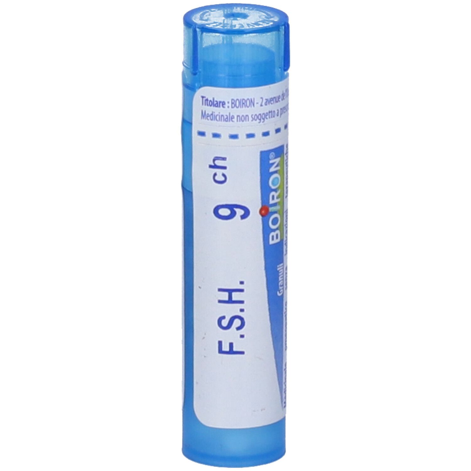 Tubo blu con etichetta bianca. Scritta: "F.s.h. 9 ch" e logo BOIRON. Designazione Granuli.