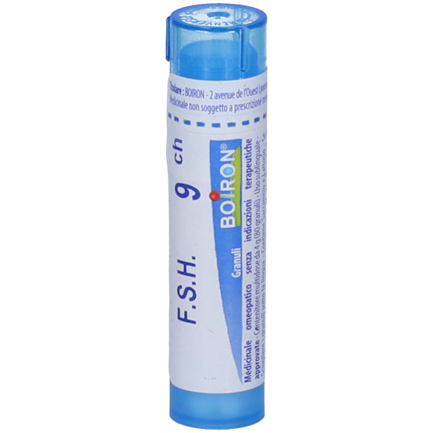 Tubo blu con etichetta bianca. Scritta: "F.s.h. 9 ch" e logo BOIRON. Designazione Granuli.