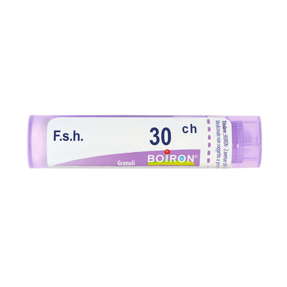 Confezione cilindrica con 'F.s.h. 30 ch Granuli' e logo Boiron. Tappo ed etichetta viola.