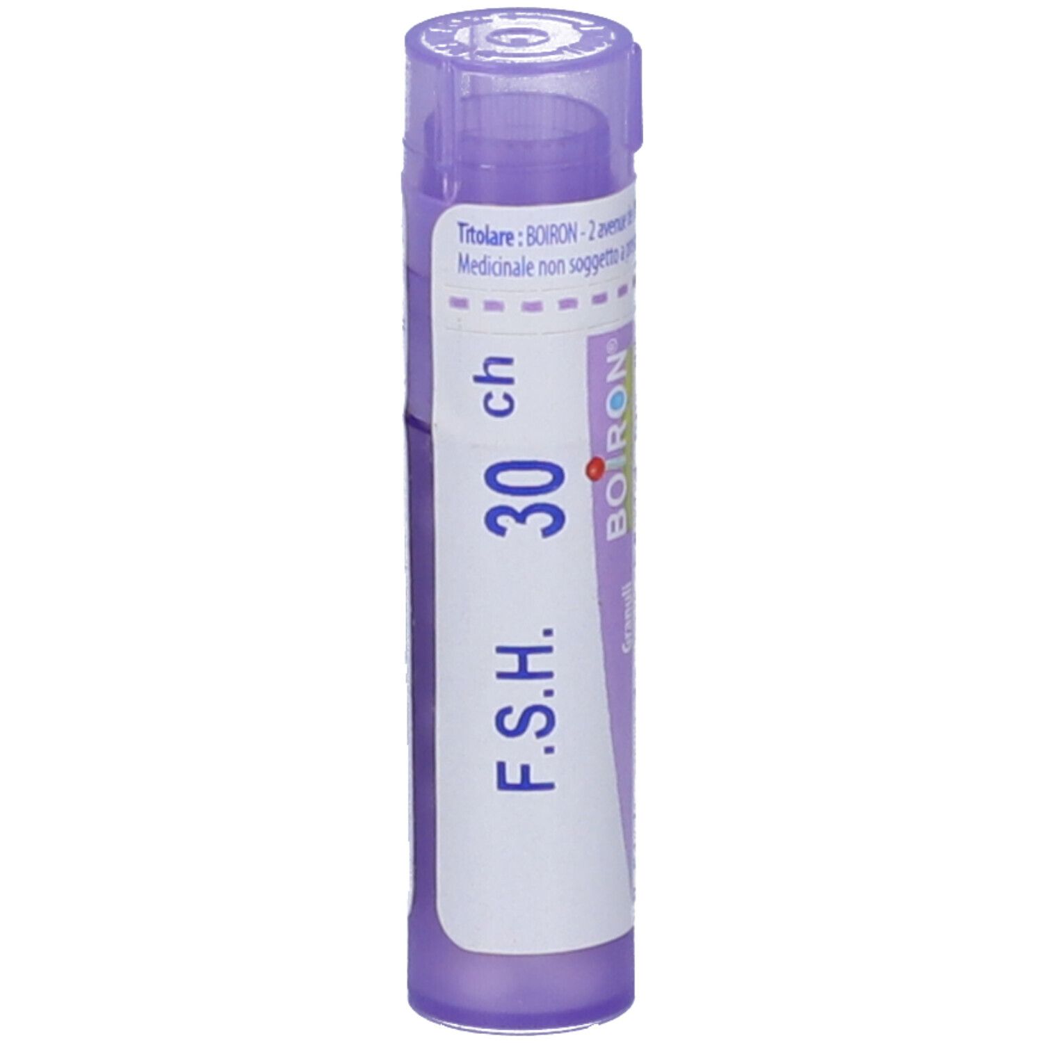 Confezione cilindrica viola con 'F.S.H. 30 ch' e logo Boiron. Orientamento verticale.