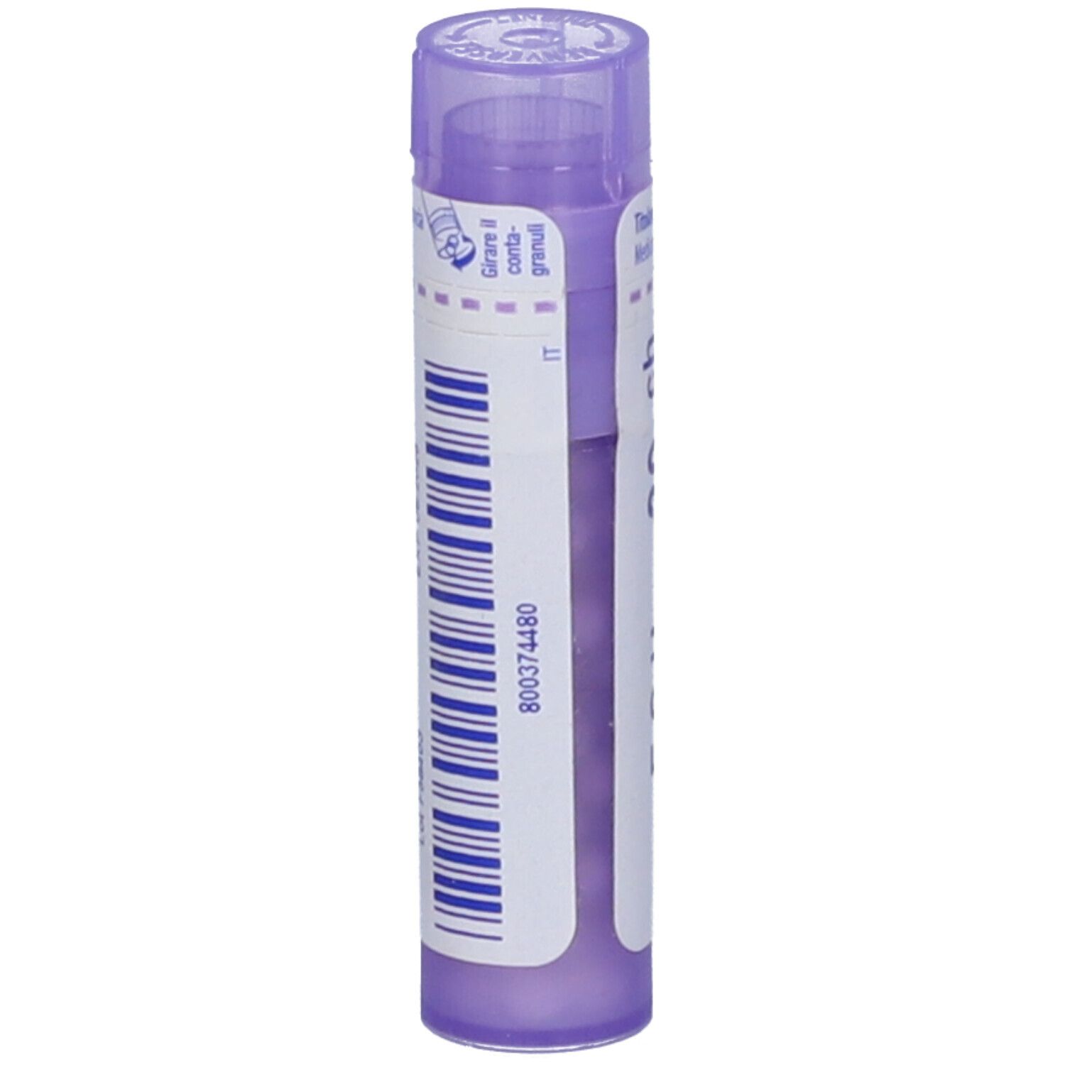 Confezione cilindrica viola, con codice a barre e testo. Orientamento verticale.