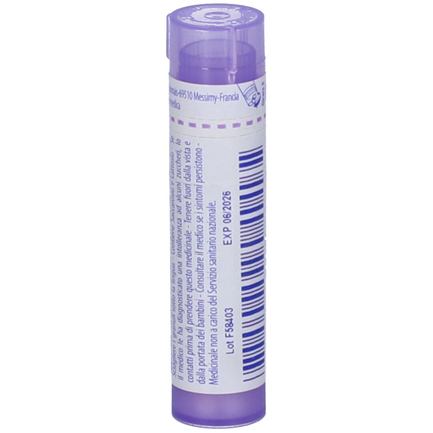 Confezione cilindrica viola, con testo e 'EXP 06/2026'. Orientamento verticale.