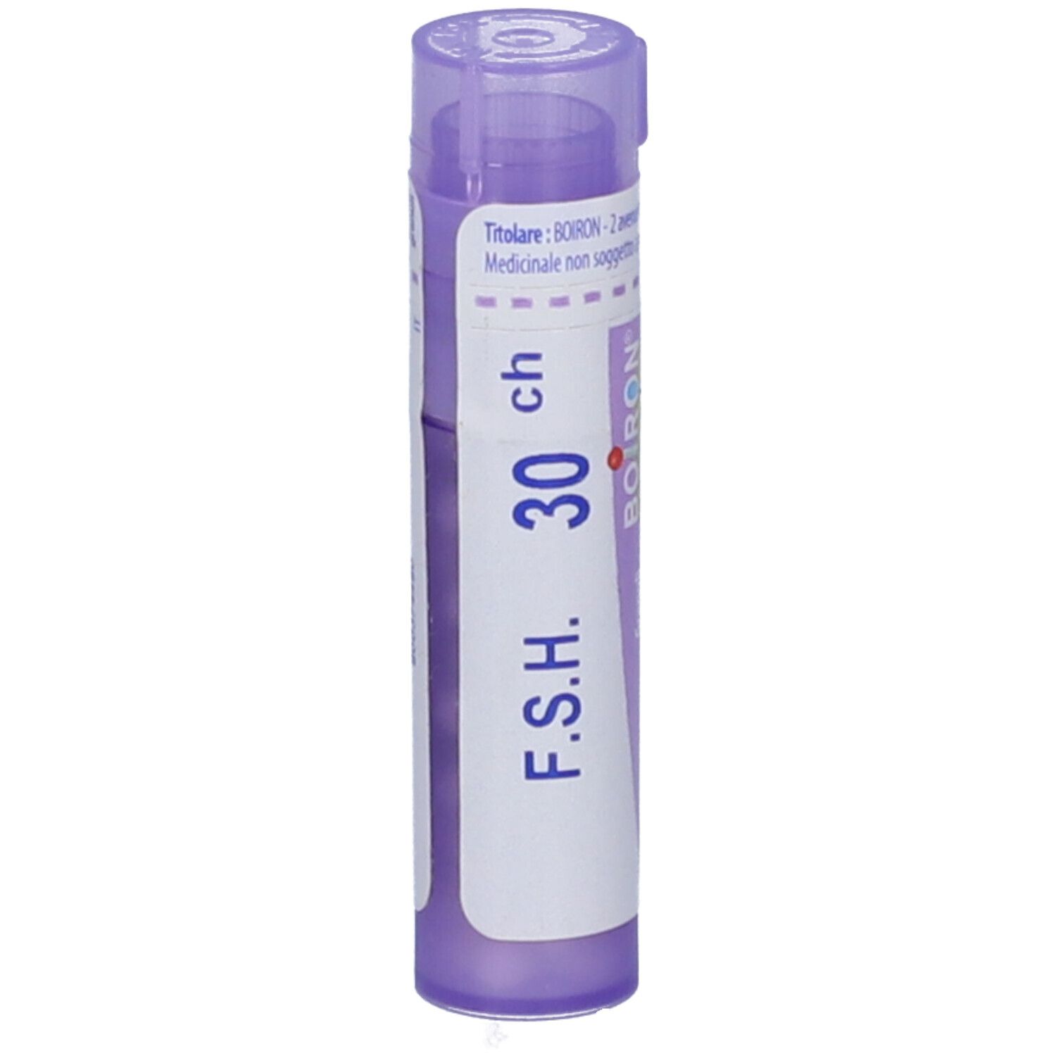 Confezione cilindrica viola con 'F.S.H. 30 ch' e logo Boiron. Orientamento verticale.